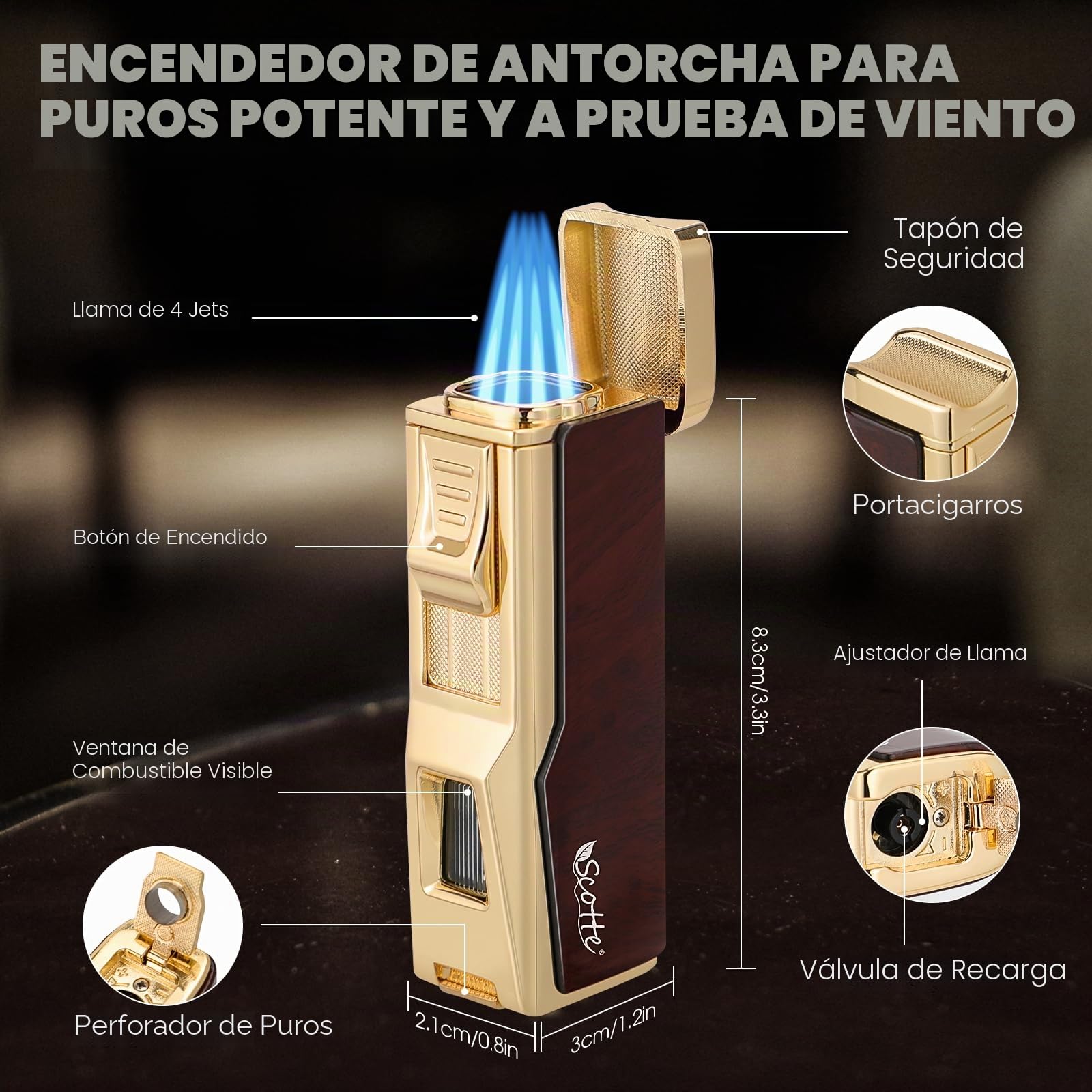 Scotte Cajas de Puros, encendedores de Puros, Cajas de Puros de Cuero con humidificadores e higrómetros, encendedores de butano con Punzones para Puros, portapuros (sin butano)