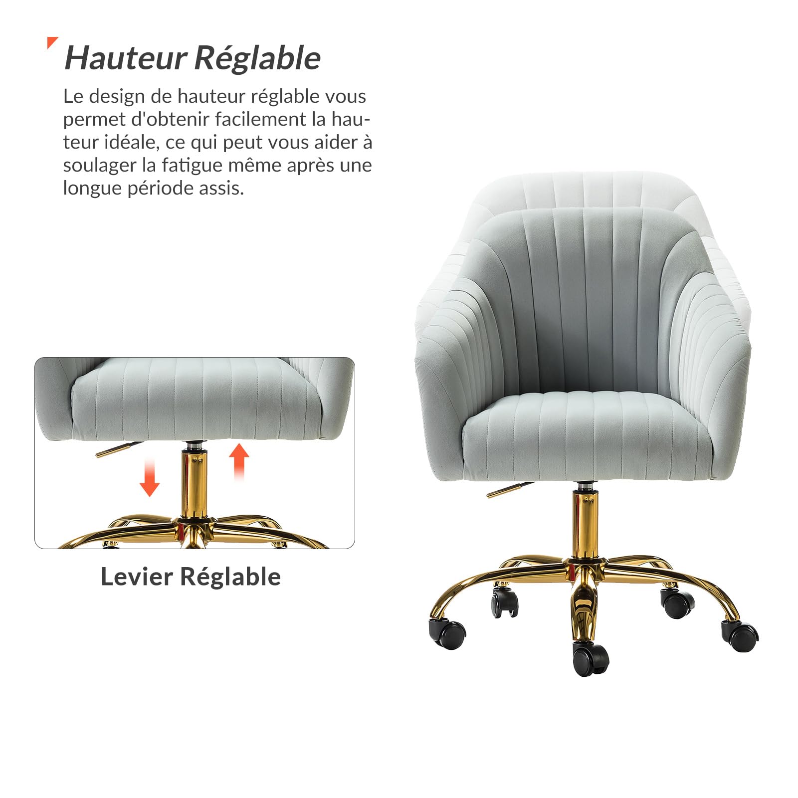 HULALA HOME Chaise de Bureau en Velours, Chaise Coiffeuse Ergonomique, Fauteuil de Bureau à Dossier Bas Réglable, Fauteuil Coiffeuse Roulette Doré, Bureau, Chambre, Gris