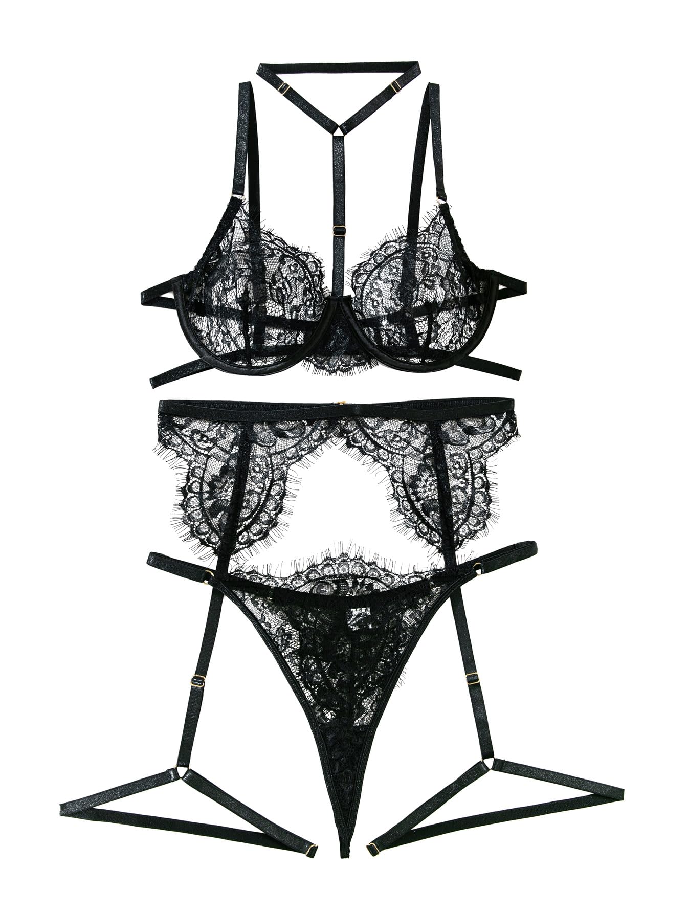 Lilosy Sexy Choker Floral Lace Scallop Sheer Underwire Push Up Garter Belt Lingerie Set 3 Piece: X-Small Eyelash Black