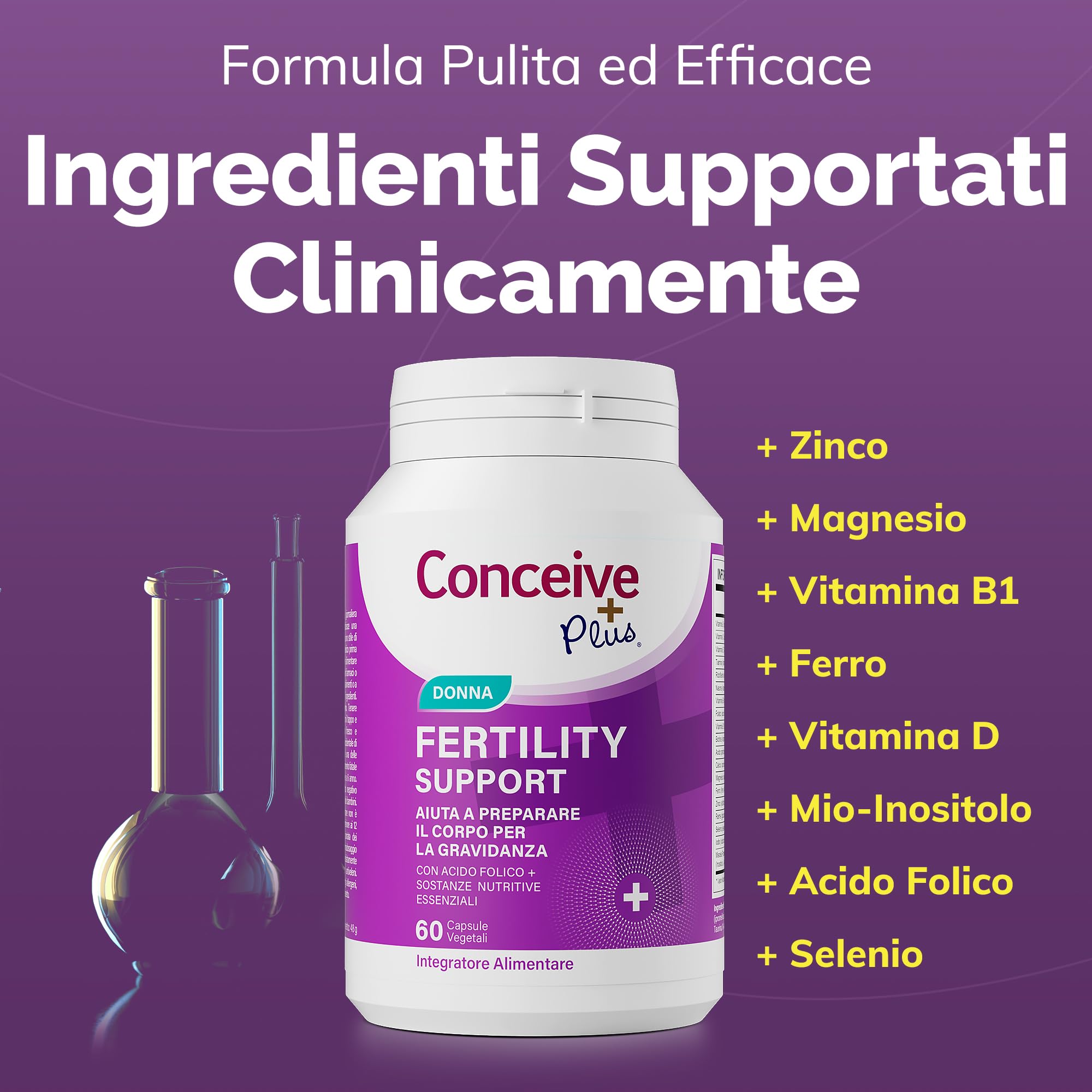 Conceive Plus Supplementi di Fertilità per le Donne, Favoriscono l'Equilibrio Ormonale, Calcio, Vitamina D, Acido Folico, Mio-Inositolo - Vitamine Prenatali per le Donne - 30 Giorni, 60 Capsule