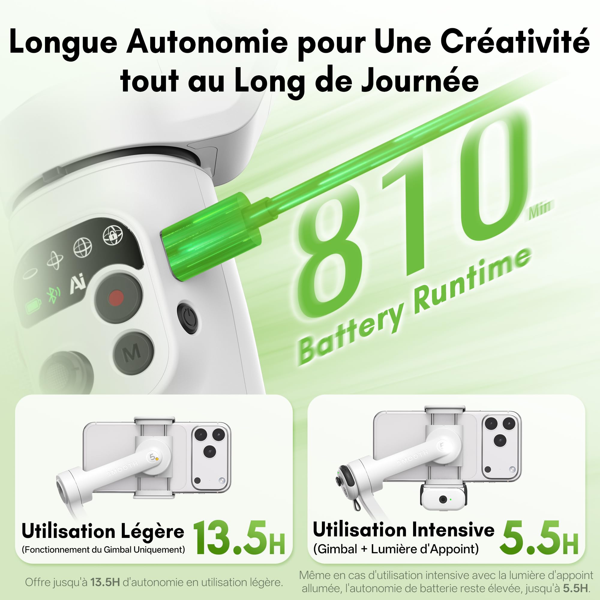ZHIYUN Smooth Q5 Ultra [Officiel] Stabilisateur Smartphone, Intégré éclairage Appoint/Tige Extension/Trépied, Autonomie de 13.5h, Portable et Pliable, Stabilisateur Telephone pour Vlogs/YouTube/TikTok