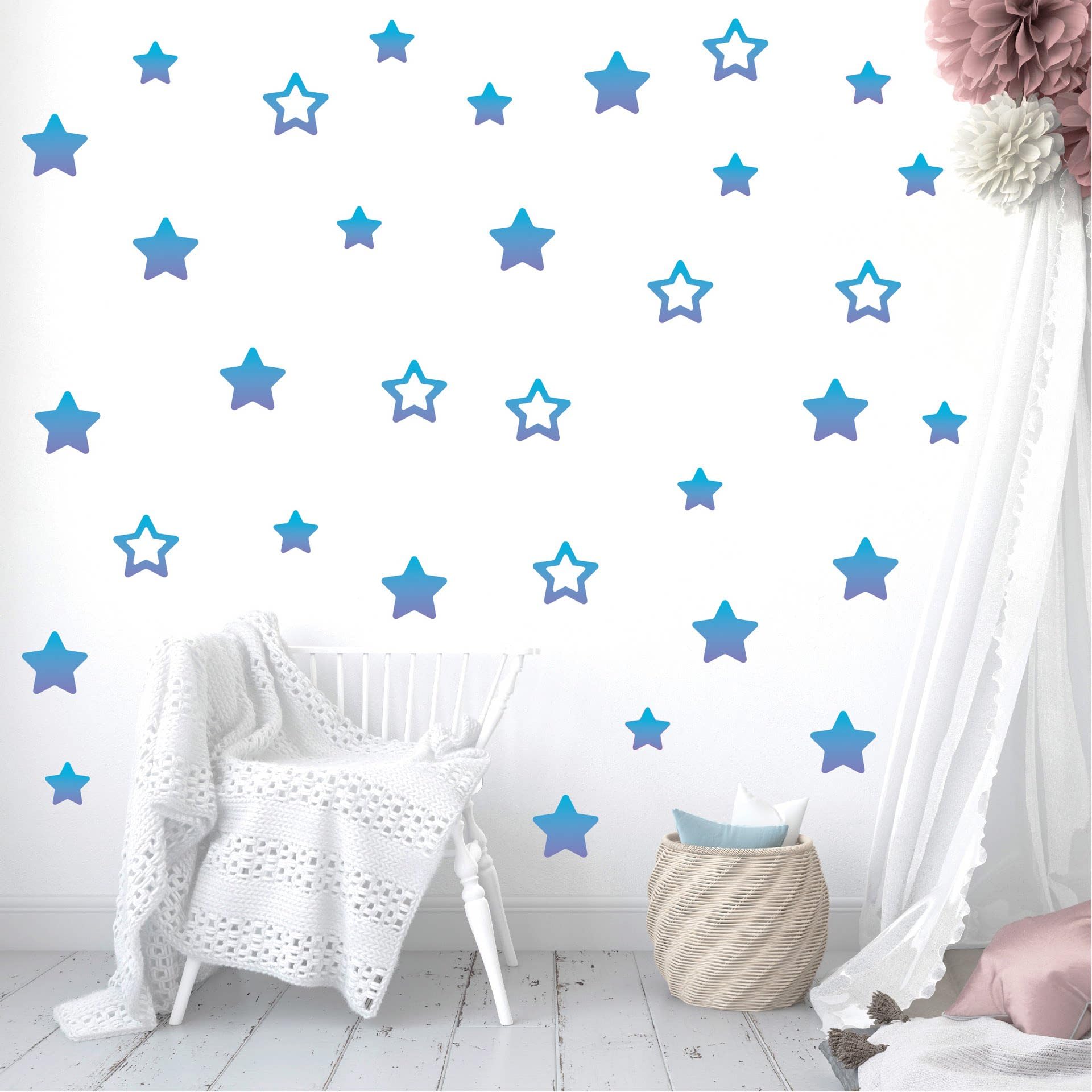 Blue Gradient Star Wall Decals, 200PCS Peel and Stick Star Wall Stickers, Removable Aesthetic Star Wall Art for Office, Living Room, Bedroom, Bathroom, Modern Home Decor, Room Decoration Stickers
