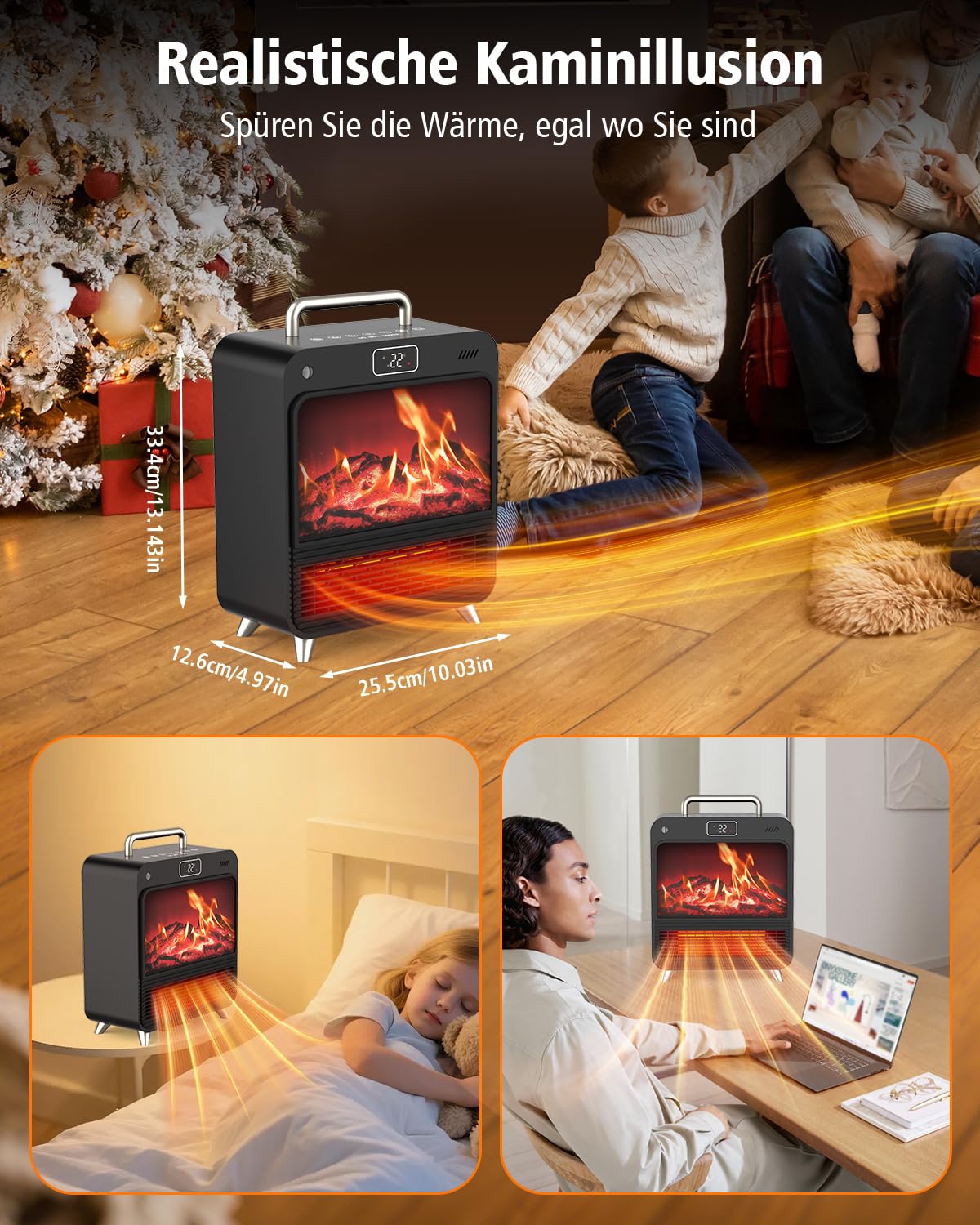 Heizlüfter Energiesparend 1500W, PTC Keramik Heizung mit 4 Modi & Thermostat, Erlebe leisen Komfort im Schlafzimmer mit Kaminofen-Imitation Holzofeneffekt, Überhitzungs- & Kippschutz sowie 12H Timer