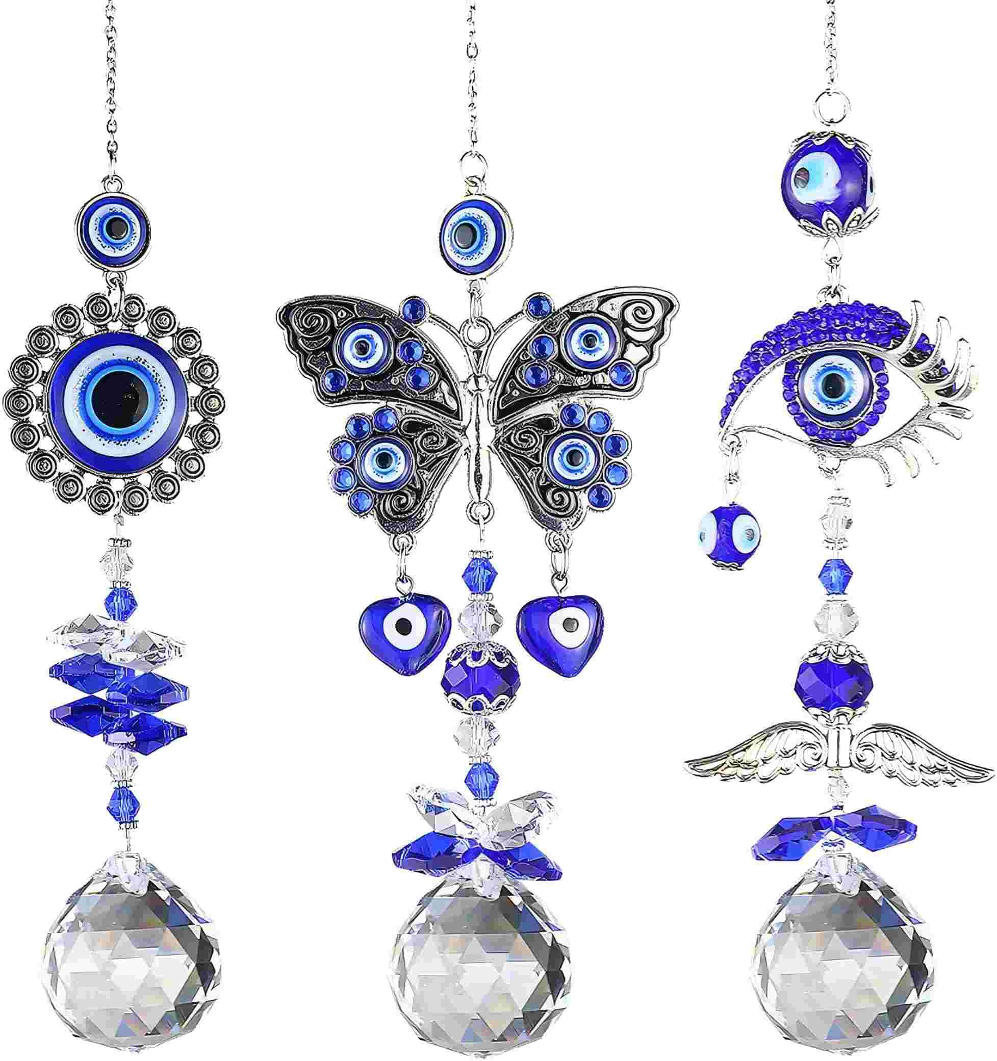 Belacasa Blue Glass Evil Eye Butterfly Angel Sunflower Talisman Crystal Sun Catcher Pendant Handmade Good Luck Charm, Office, Car Decoration, Blessing Ornament (Set 3 Eye With Crystal)
