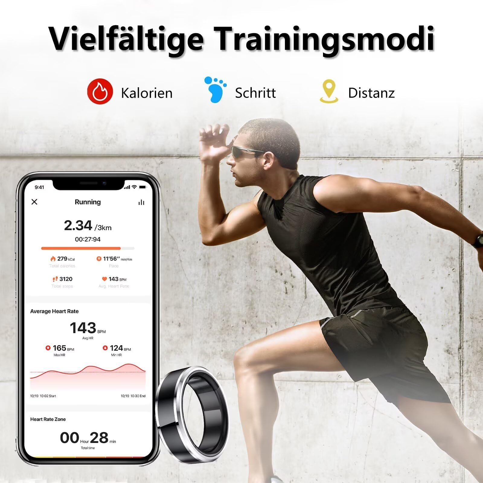 Smartringe für Herren Damen 5ATM Wasserdicht Smart Ring Android IOS Fitness Ring Tracker Finger Gesundheits Tracker Schrittzähler Kalorien Schlaftracker Pulsmesser Smartring Fitnesstracker Schwarz