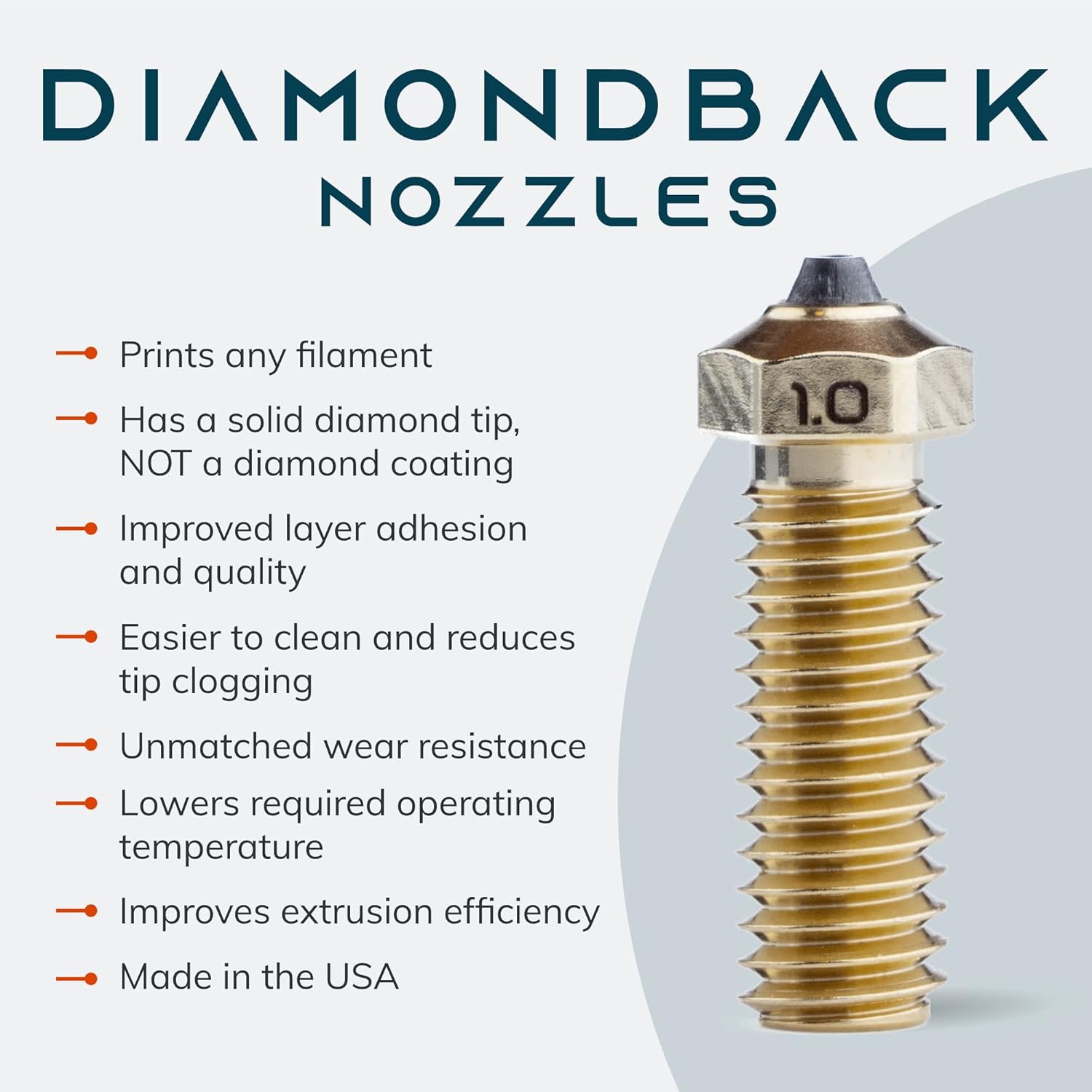 Diamondback Nozzles – Volcano Compatible – Polycrystalline Solid Diamond Tip 3D Printer Nozzles, Improved Extrusion, Any Filament, Long Life, Wear Resistant, Layer Adhesion, USA Made (1.75mm x 1.0mm)