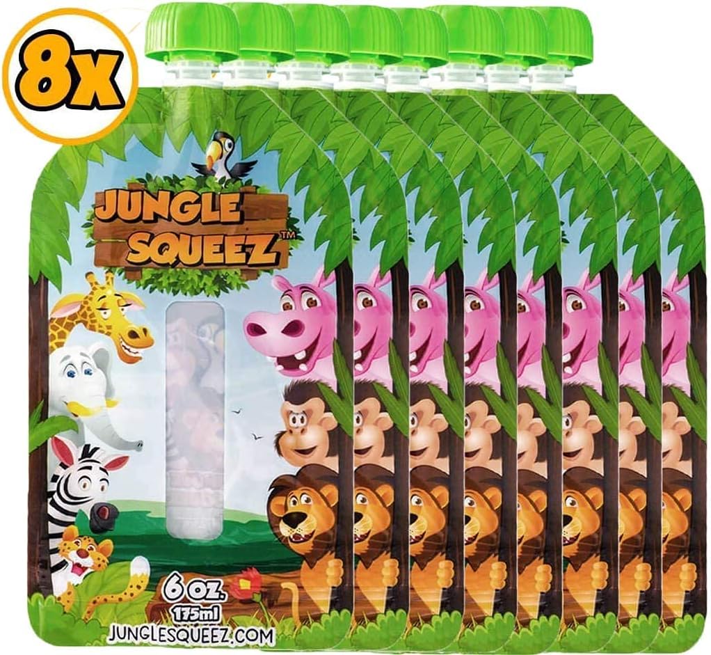 Reusable Food Pouches - 1 Year Warranty 8 Pouches with 2 Extra Caps - for Applesauce, Smoothie and Yogurt - Squeeze Station Compatible