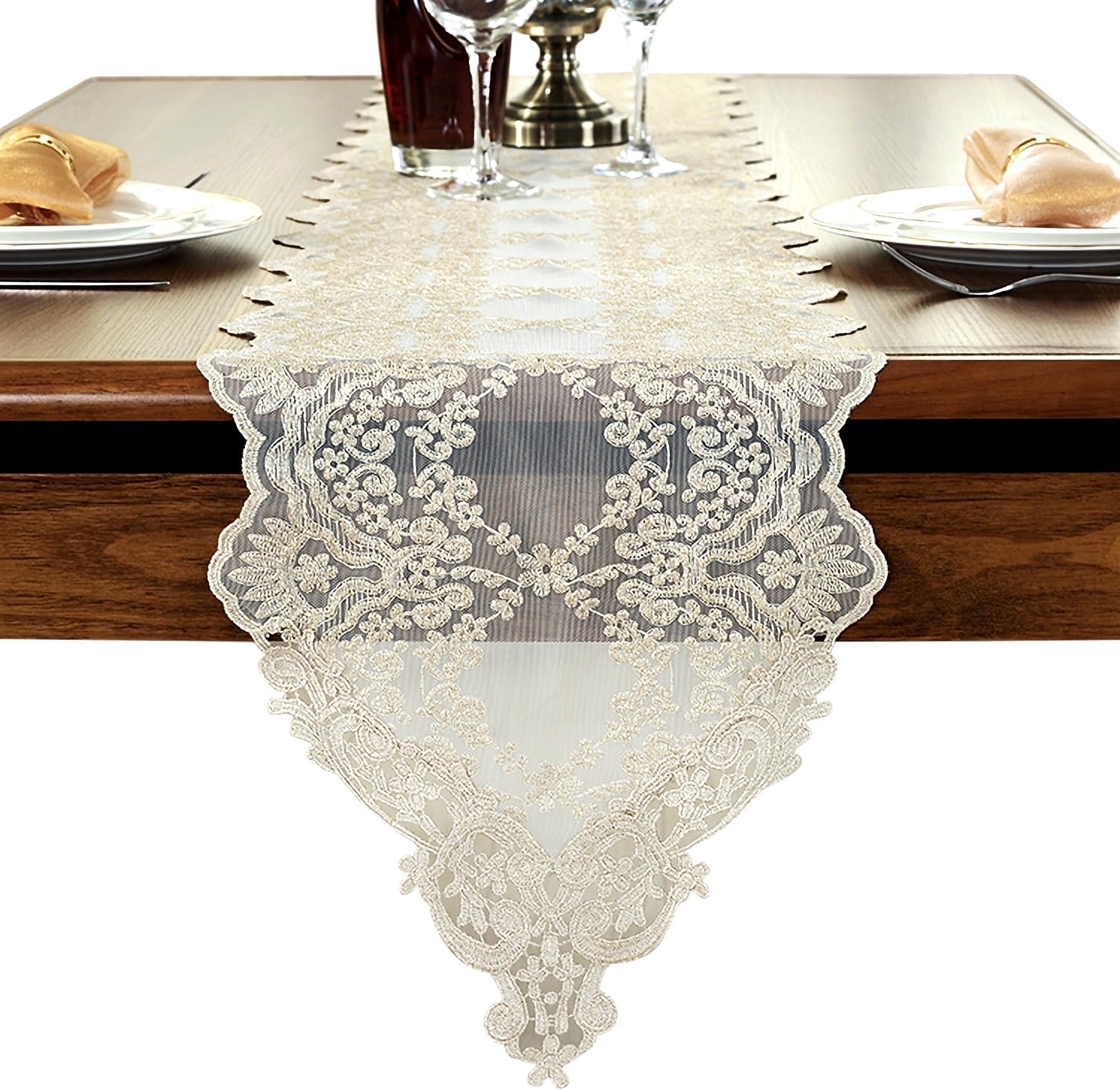 NIERBO Lace Embroidery Table Runner with Floral Pattern Decor Artistic, Vintage Table Runners for Wedding Party Holiday Home Dinner Kitchen Tables (White, 30 x 210 cm)