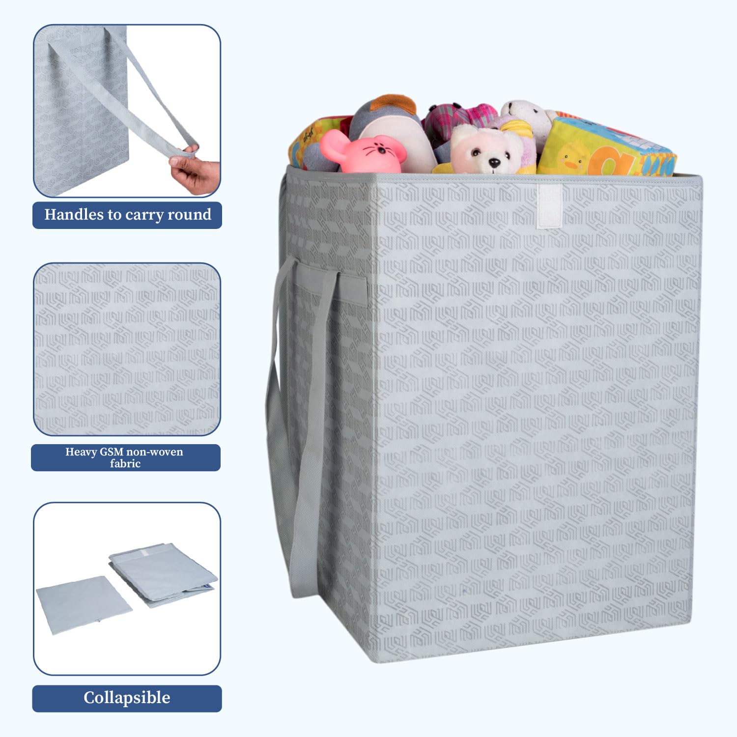 Homestrap Printed Non-Woven Laundry Basket with Lid and Handle – 50L Foldable Cloth Storage Hamper for Clothes, Towels, Toys, Shoes | Collapsible Organizer for Bedroom, Bathroom & More (Grey) 1