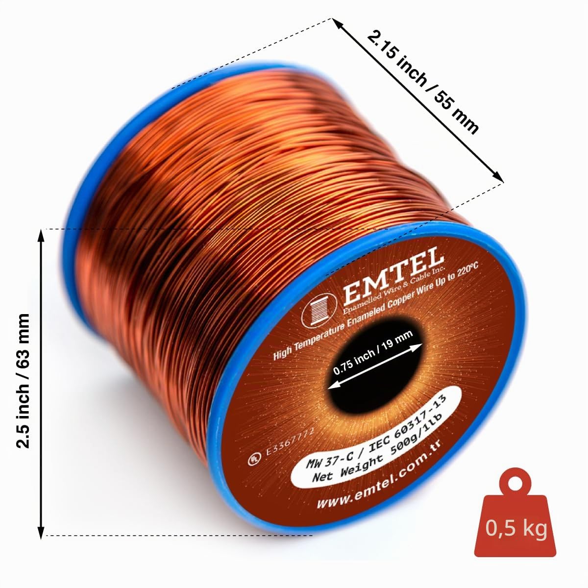 Emtel Fil de cuivre émaillé 1,02 mm - 500 g - 67 mètres - Fil d'enroulement pour moteur, transformateur, haut-parleur, bobine magnétique - Fil magnétique jusqu'à 220 °C - Isolation double revêtement