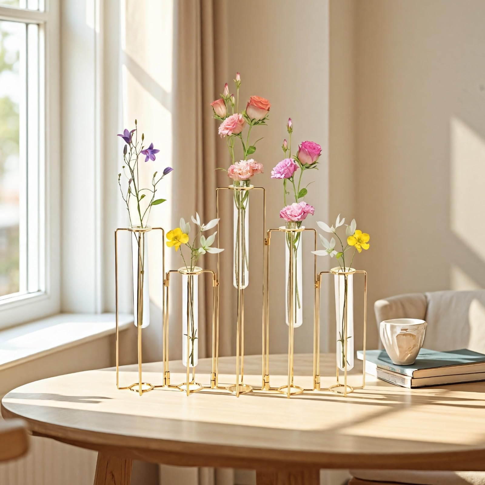 Vases de Propagation en métal doré pour Plantes, Support à 5 Tubes en Verre liés, Cadre Pliable, Petite déco de Maison