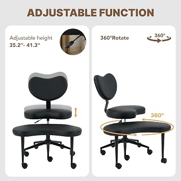 Ergonomic Cross Legged Office Chair with Wheels - Adjustable Height for Meditation, ADHD Desk & Yoga - Wide Criss Cross Design with Lumbar Support, Kneeling Chair (Black)