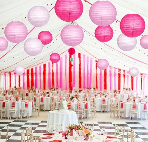 Miniatura 7 de Faroles de papel decorativos, linternas de papel colgantes rosas con luces para compromiso, despedida de soltera, fiesta de cumpleaños, 12 luces