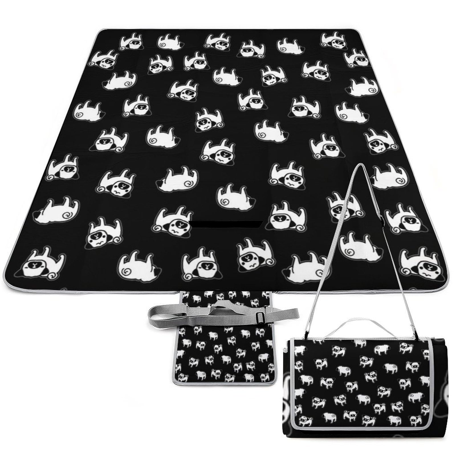 Alfombra de picnic de 148 cm, manta cuadrada exterior con motivos de perro carlino