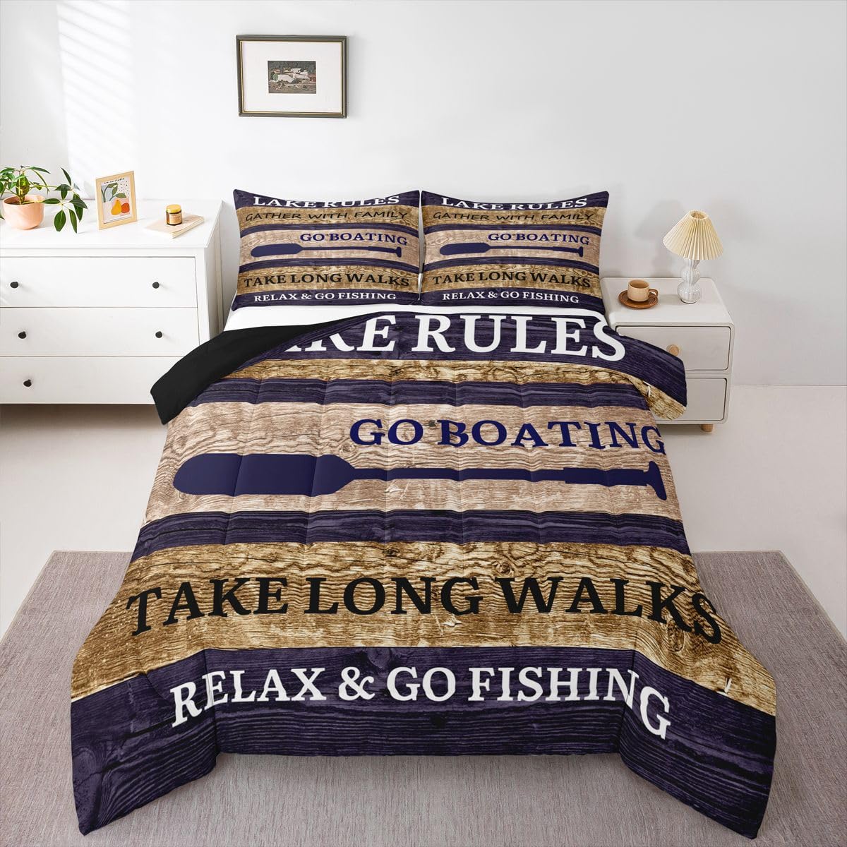 Lake House Comforter Set King Size, Paddle Retro Wood Grain Bedding Comforter Sets Retro Rustic Farmhouse Duvet Sets For Kids Teens Adult Women, Go