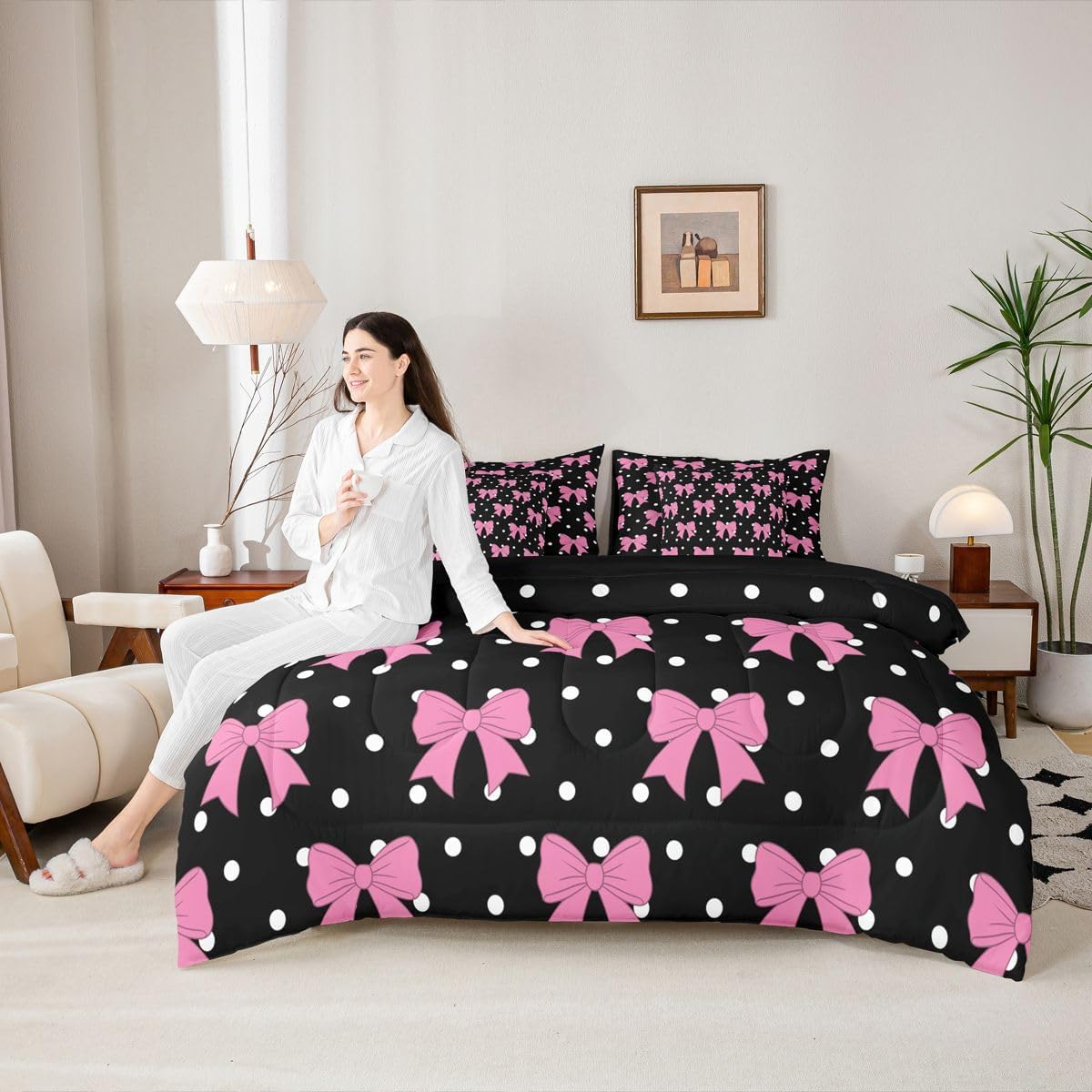 Feelyou Cartoon Bowknot Full Comforter Set with Sheets for Kids Boys Girls Bows & Polka Dots 7 Pieces Bedding Set Kawaii Bed in a Bag Pink Black Room Decor Soft Lightweight Microfiber