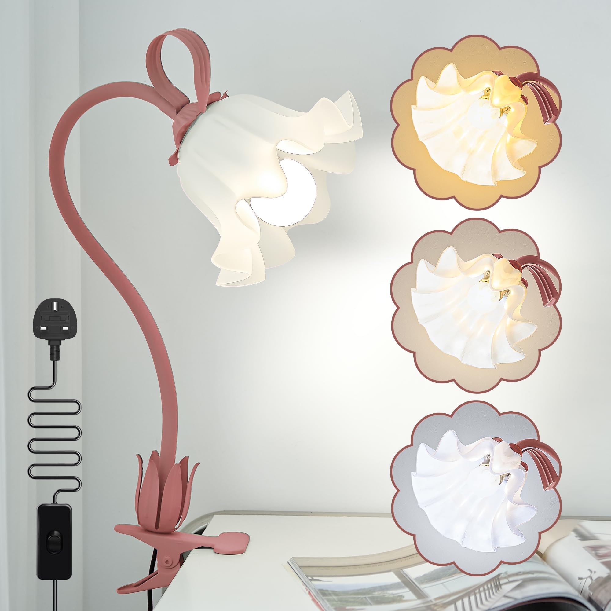CRCTREND Flower Table Lamp Clip-on Light Bedside Lamp, 3 Colour Modes Reading Lamp for Bedroom Table with Flexible Clip Lamp, LED Clip Light Decorative Lamps for Home Desk Dormitory Bed (Pink Light)