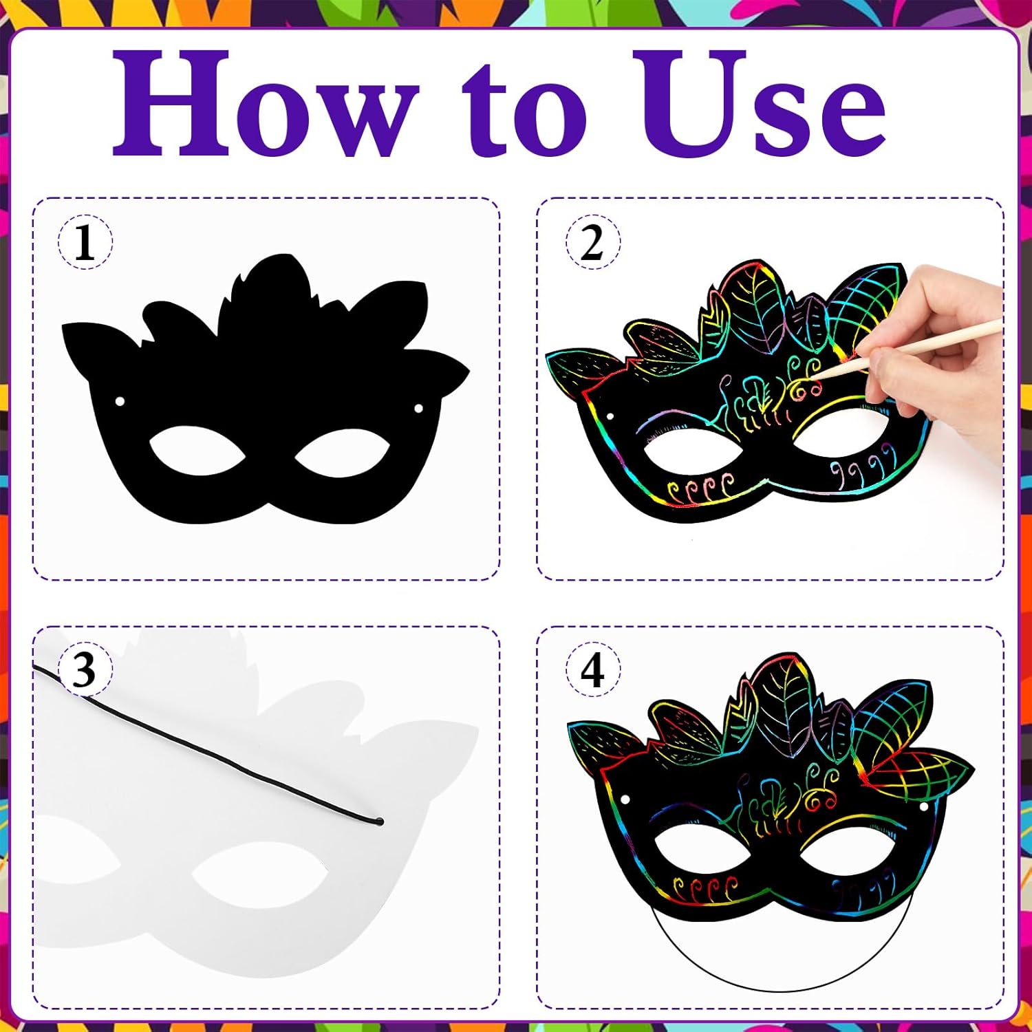 18 PCS Mardi Gras Scratch Masks Making kit Rainbow Scratch Paper Mask Craft for Mardi Gras Party Decorations Party Supplies and Carnival Crafts - Image 7