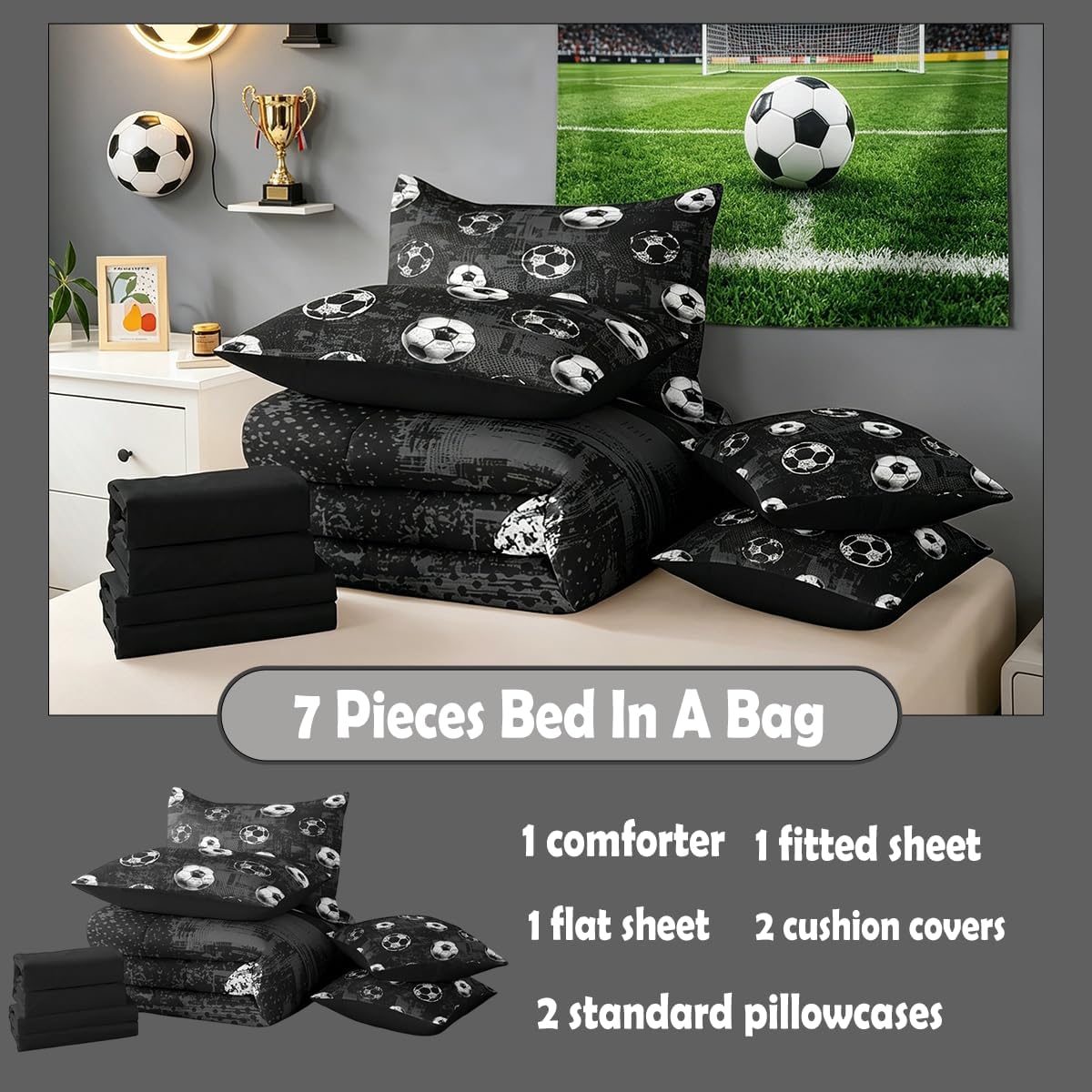 Feelyou Boys 3D Soccer Comforter Set with Sheets Queen Size 7 Pieces Kids Football Bedding Set for Girls Teens Sports Ball Gaming Bed in a Bag Room Decor