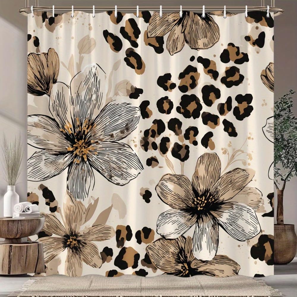GLWDMB 1 Piece 180x200CM Floral Leopard Pattern Printed Shower Curtain With Hook, Polyester Fabric, For Windows And Walls, Bathtub, Bathroom, Machine Washable, All Season Universal