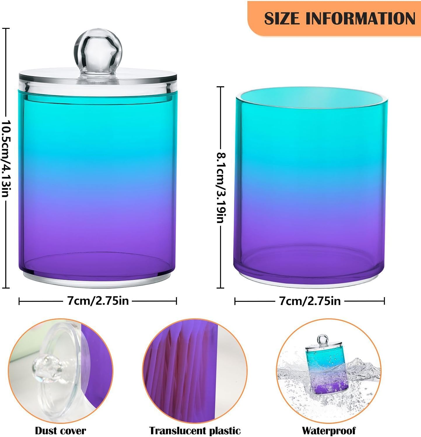 Bright Turquoise Purple Qtip Dispenser Apothecary Jars Bathroom Qtip Holder Storage Canister Plastic Jar 10 Oz for Cotton Ball Swab Round Pads Floss 4pcs