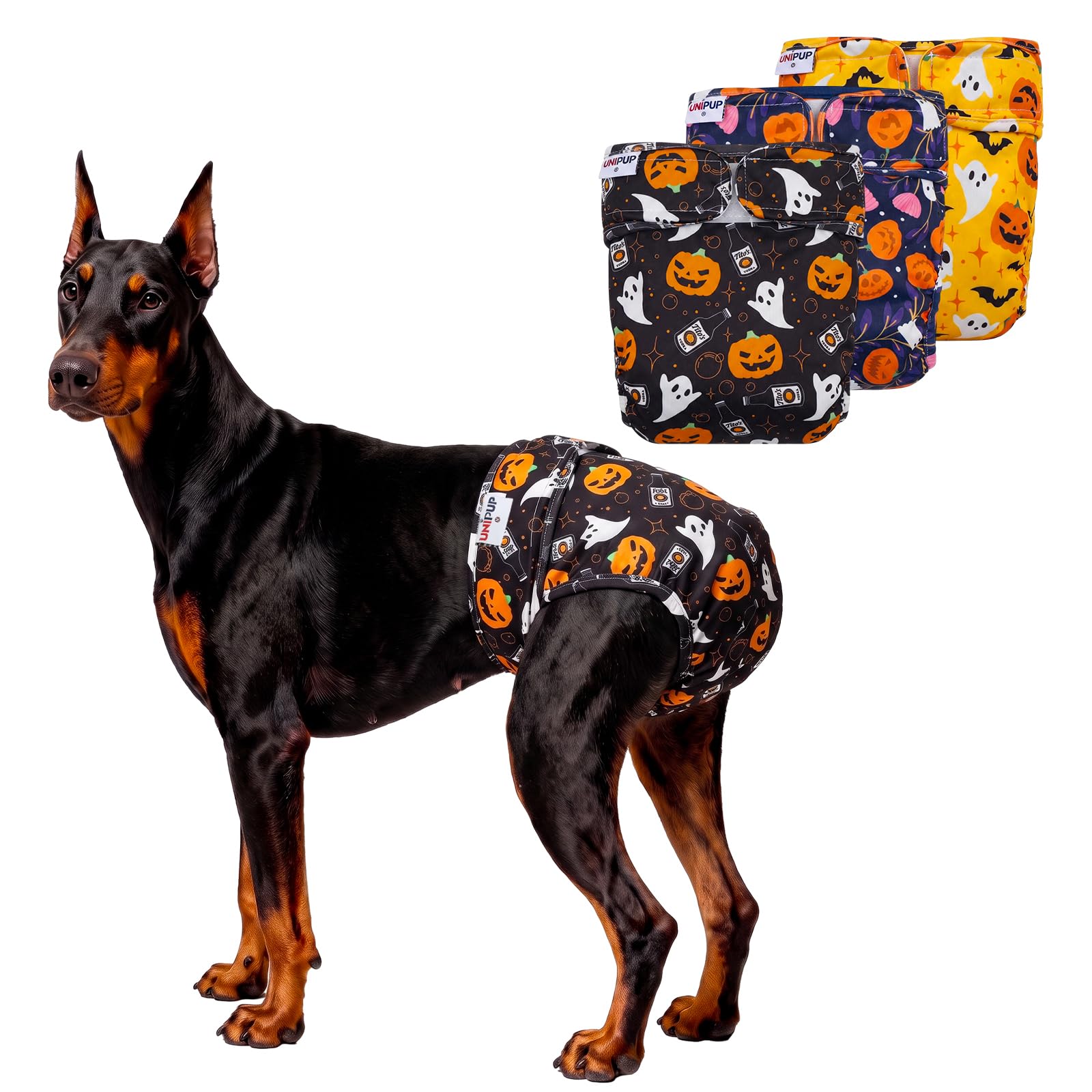 UNIPUP Halloween Female Dog Diapers Reusable No Tail Hole Period Panties Washable 3 Pack Diapers Female for Docked-Tail Frenchie French Bulldog Boston Terrier Without Tail U-WWD09XL