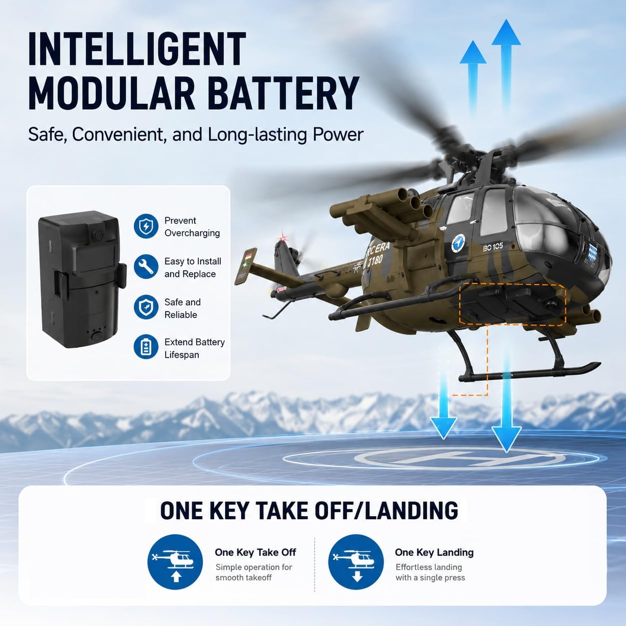 Elicottero radiocomandato BO-105 con decollo/volo invertito a un solo tasto giroscopio barometrico a 6 assi a 6 canali + LiDAR TOF Aeromobile radiocomandato per adulti(Camouflage)