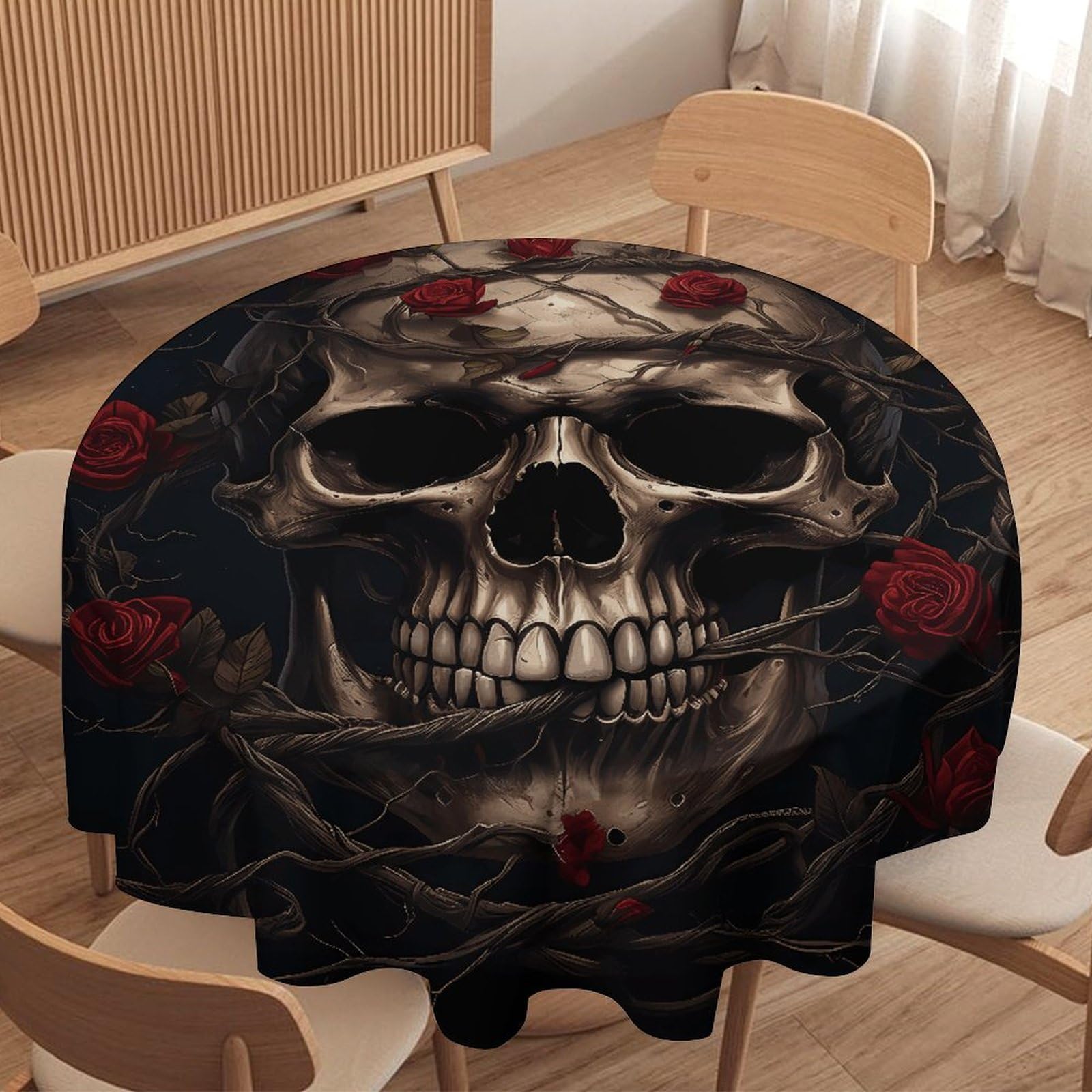 Nappe ronde motif tête de mort et rose rouge imprimée, linge de table raffiné pour fête et cuisine