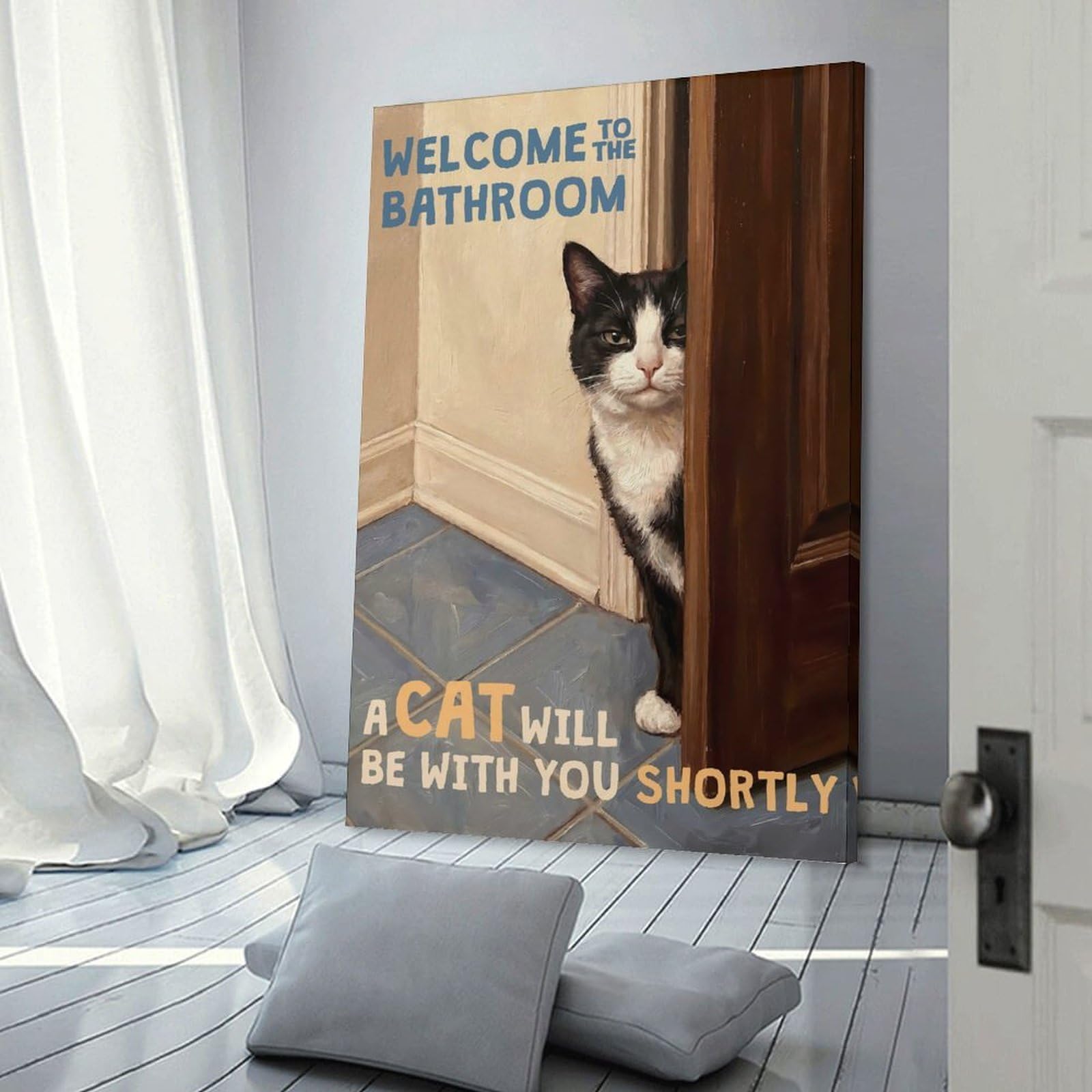 Junmoney Welcome to The Bathroom Tuxedo Cat Wall Art Print, 24x36inch(60x90cm), for Bedroom Walls, Guest Spaces Or Lounges, Home Artwork with A Soft Interior Feel