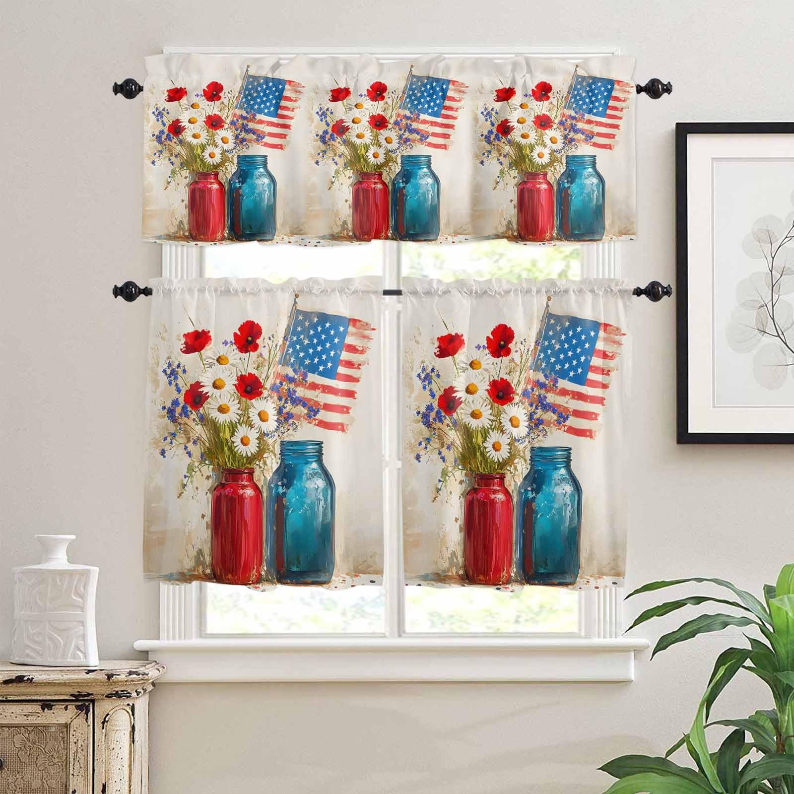 Independence Day Kitchen Curtains 36 Inch Length, 3 Piece Rod Pocket Small Half Tiers and Valance Set, Red Blue American Flag Poppy Flower Small Large Window Treatment Decor for Bedroom/Bathroom Sink