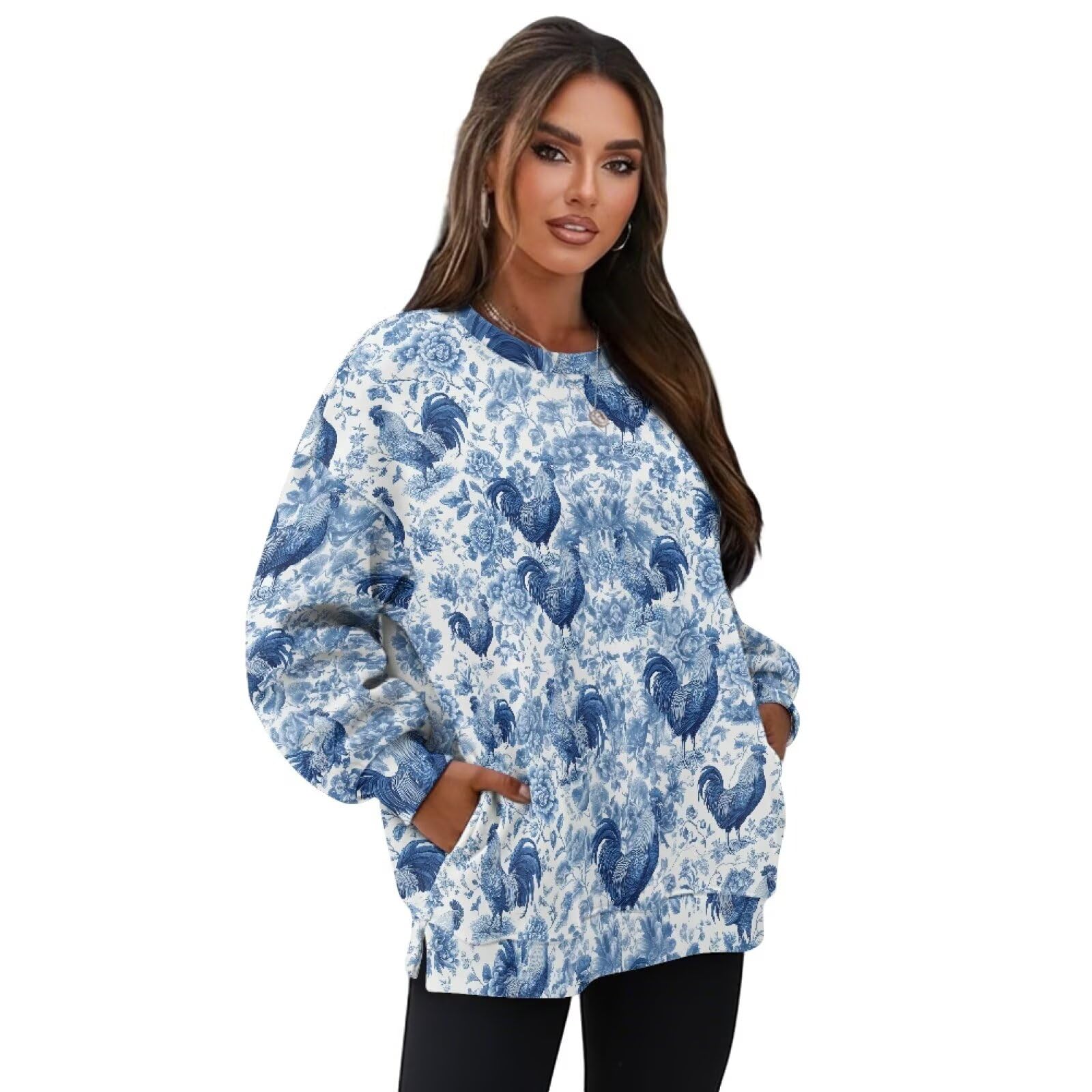 Bluzy damskie z okrągłym dekoltem topy z długim rękawem oversize modny sweter z kieszeniami