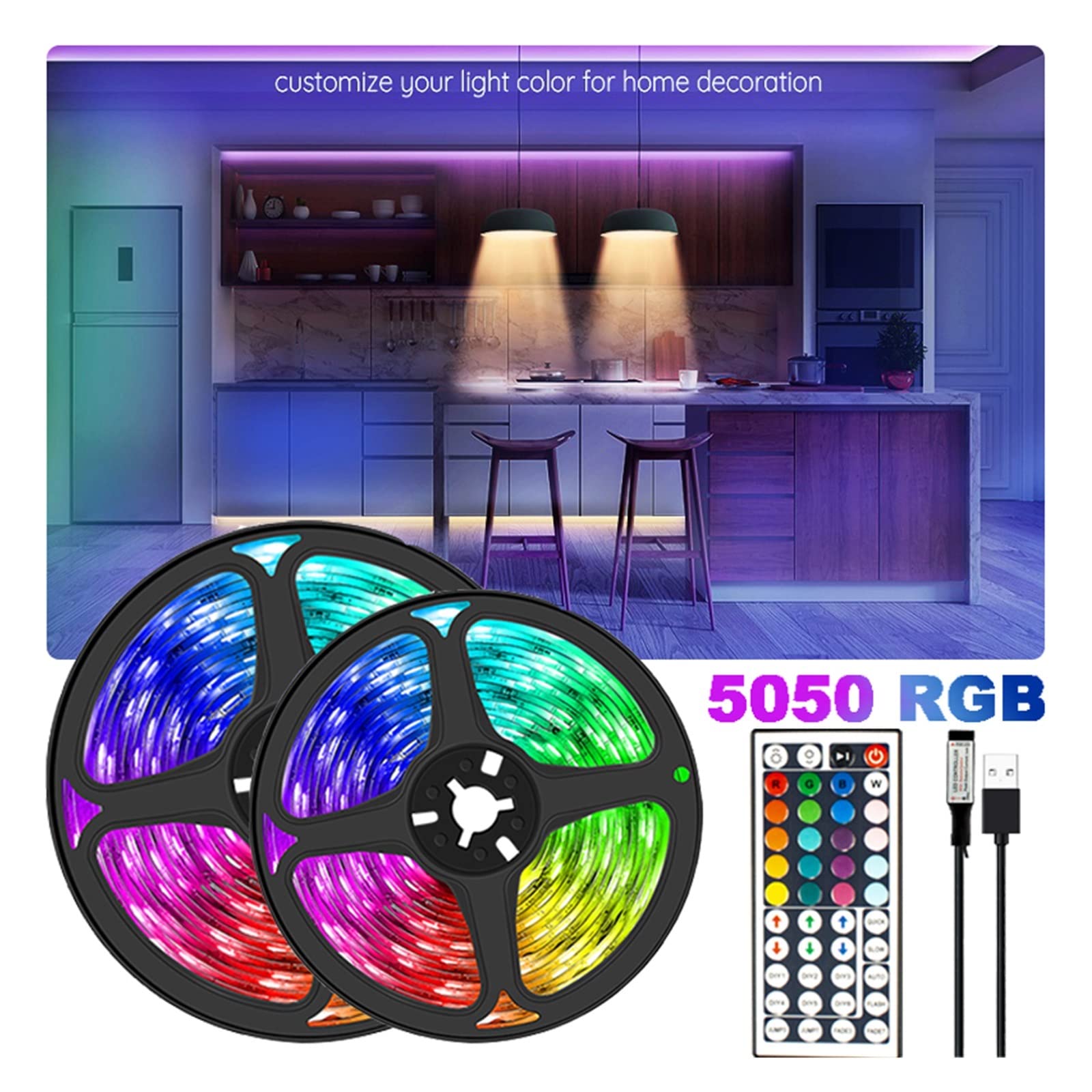 Bande lumineuse LED 5 V CC - Décoration de chambre - SMD5050 - Ruban lumineux néon pour arrière-plan TV - Lumières LED USB avec 24 touches (BT 24 touches, 20 m)