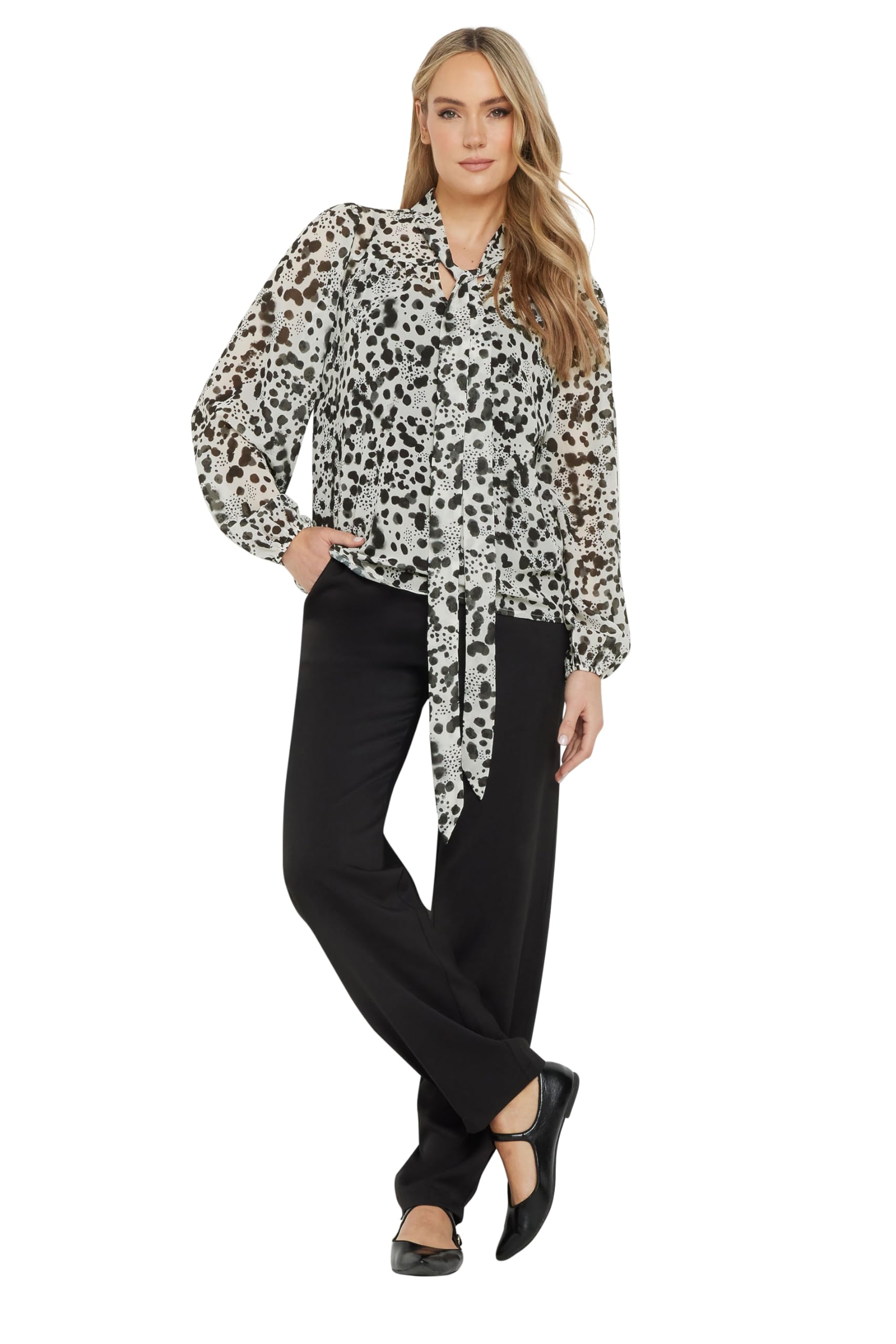 Lts Women's White Tall Spot Print Tie Neck Blouse Size 16