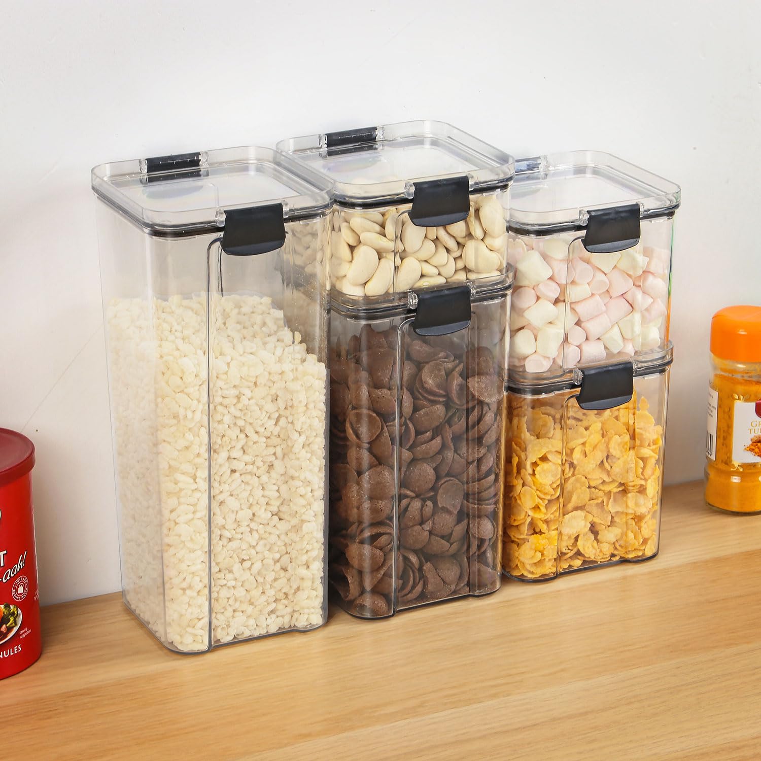 Taylor & Brown 5pc Clear Airtight Pantry & Kitchen Storage Containers | 5 Square Plastic Food Container Set with Lids | Stackable | with Locking Clips | BPA-Free | 460ml, 700ml, 950ml, 1.3L & 1.8L