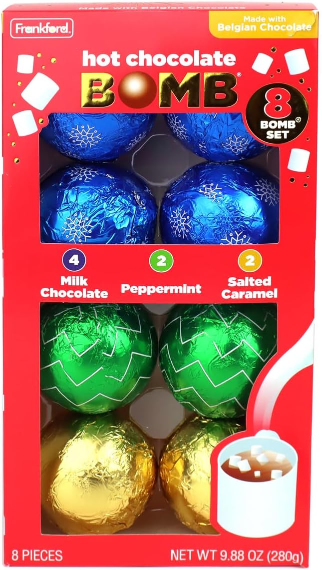 Frankford Hot Chocolate BOMB Variety Pack of 8 Individually Wrapped Hot Cocoa Balls Gift Set, Salted Caramel, Milk Chocolate, Peppermint, Stocking Stuffer & White Elephant Gift Idea