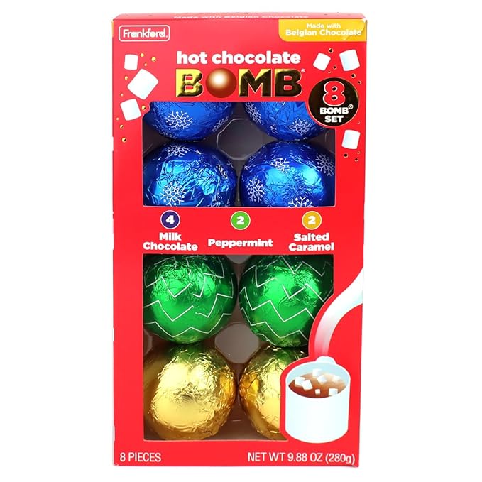 Frankford Hot Chocolate BOMB Variety Pack of 8 Individually Wrapped Hot Cocoa Balls Gift Set, Salted Caramel, Milk Chocolate, Peppermint, Stocking Stuffer & White Elephant Gift Idea