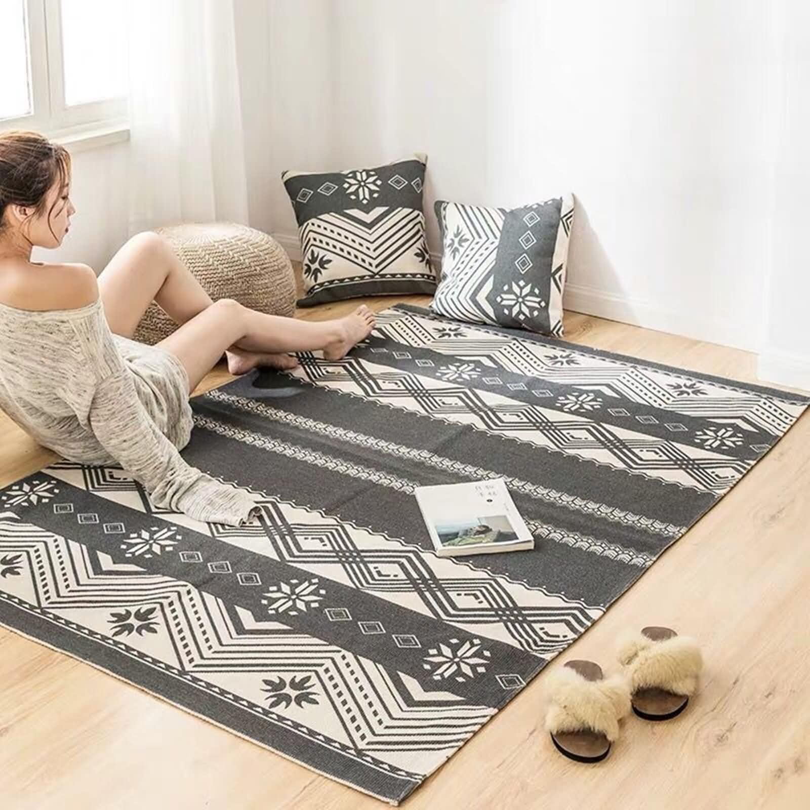 Tapis Rond Coton Lin 85x120 cm Lavable Gris Motif Géométrique Chambre Enfant