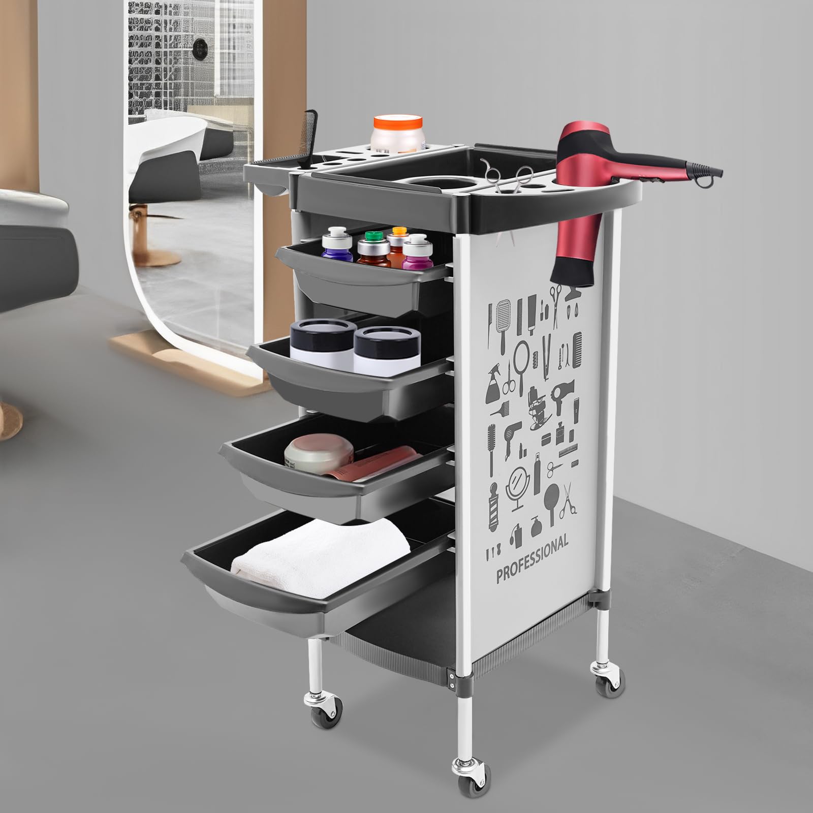 Carrello da parrucchiere con ruote a 6 livelli 4 cassetti carrello operativo parrucchiere carrello per saloni di bellezza strutture mediche parrucchieri cliniche veterinarie saloni di bellezza