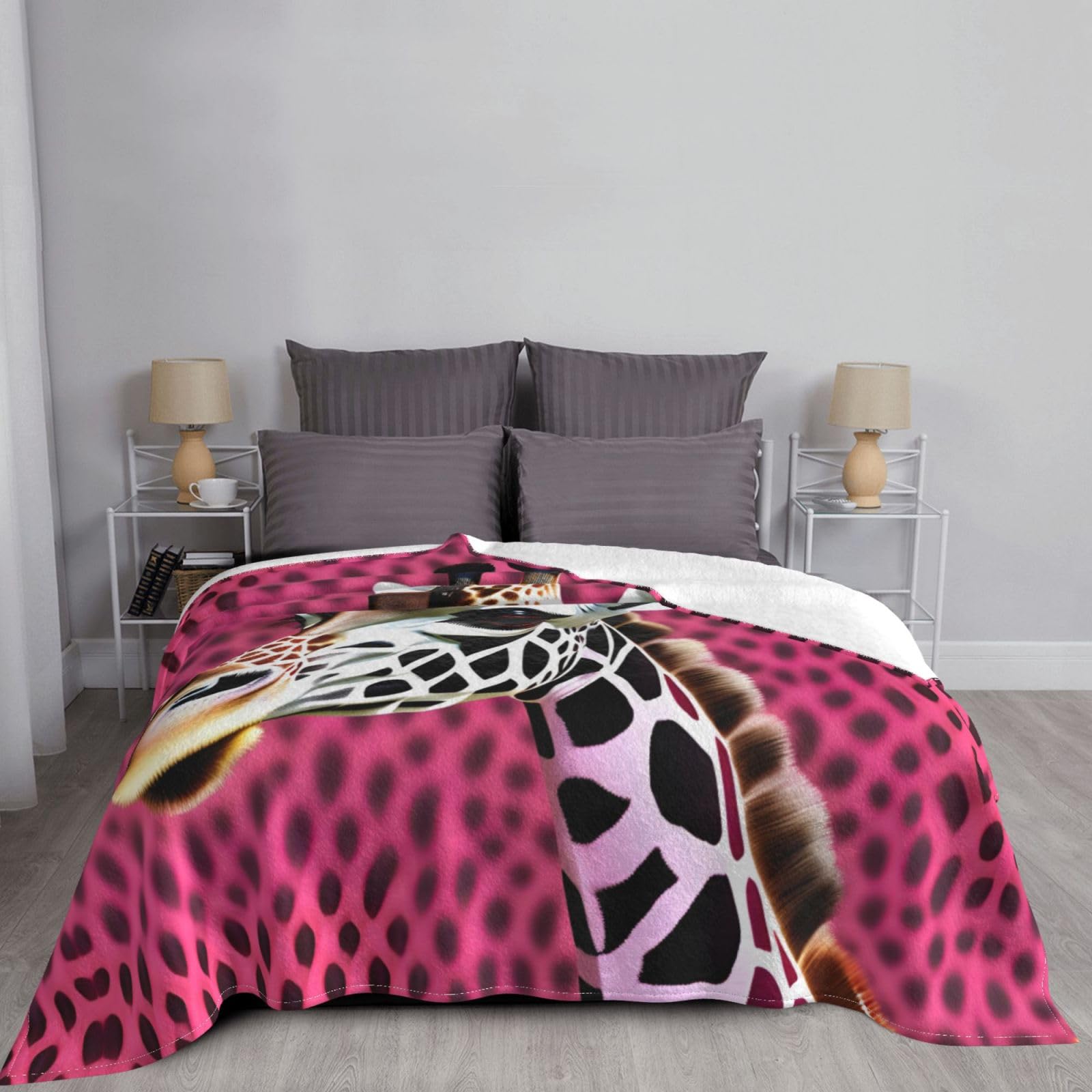 Coperta morbida e soffice con stampa con motivo giraffa rosa, flanella di lusso leggera, simpatica coperta stampata