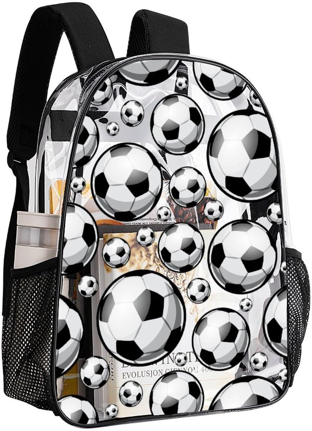 Soccer Clear Backpack Heavy Duty for Girls Kids Boys Women Men - Large Cute PVC Soccers Theme Printing Transparent Backpacks for Schools Stadium Concerts Work - Clear/Black