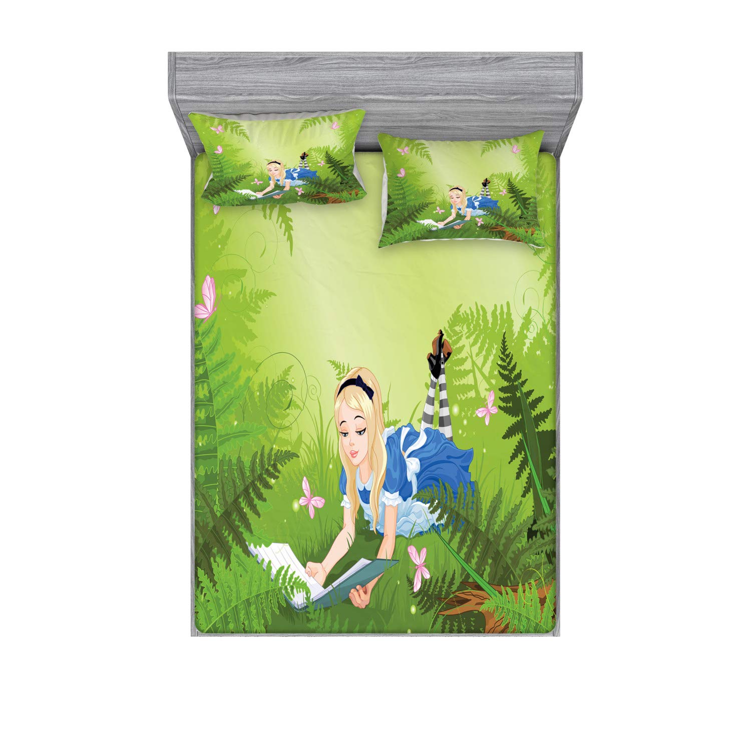 Lunarable Alice in Wonderland Fitted Sheet & Pillow Sham Set, Cartoon Lady in Forest Butterfly Nature Magic Love Theme Art Retro, Decorative Printed 2 Piece Bedding Decor Set, Full, Green Pink Blue