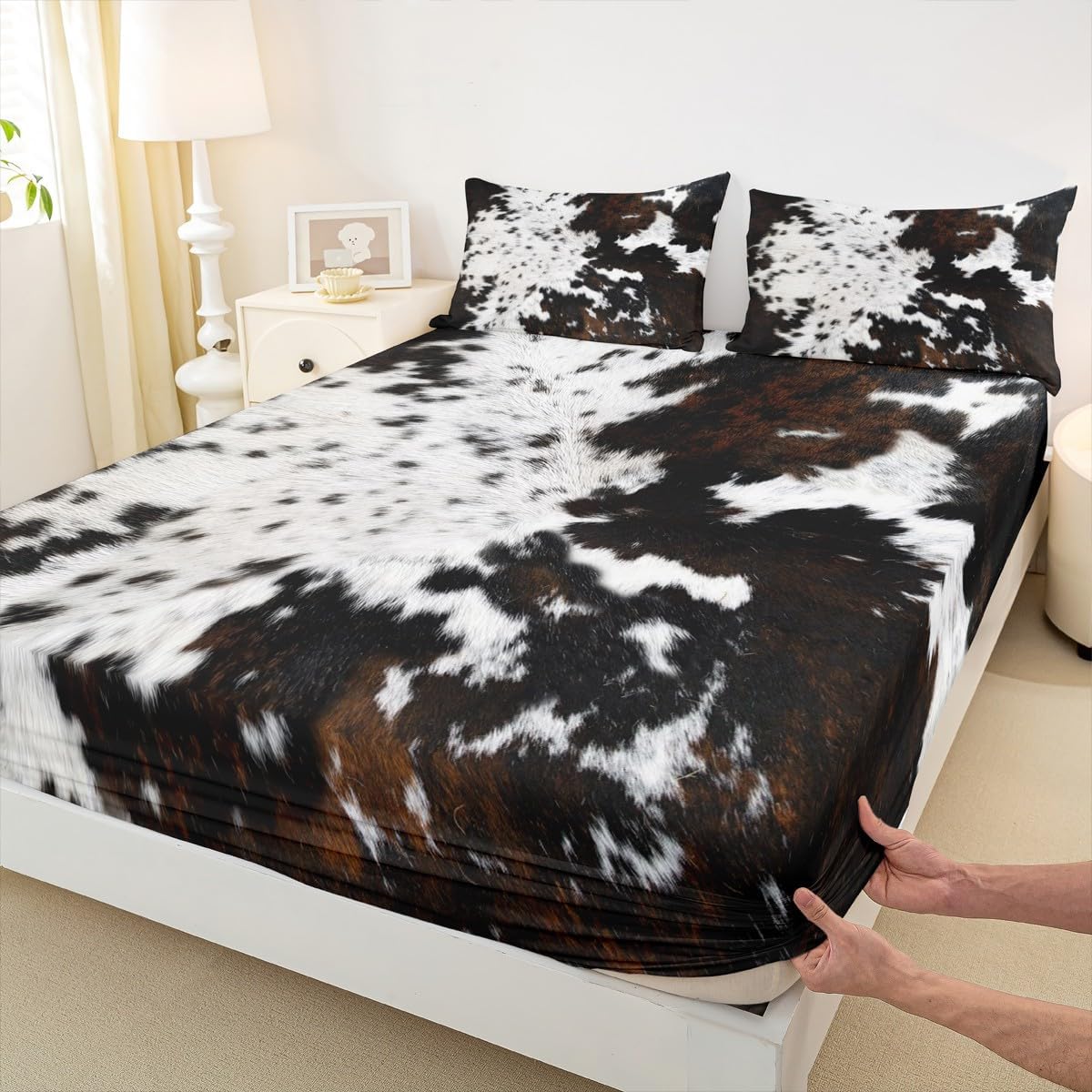 Cow Fur Print Sheet Queen,Cow Skin Texture Bedding Set for Kids Teens Boys Girls,Farm Animal Rustic Black and White Brown Bed Sheet Set 4pcs with Deep Pocket Fitted Sheet + Flat Sheet + 2 Pillowcases