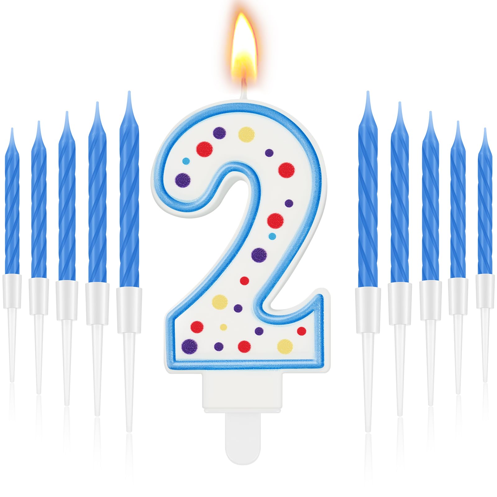 MTLEE Blue Number 2 Birthday Candle with 10 Long Thin Cupcake Candle Happy Birthday Cake Topper Boy Girl for Cakes Sweet Dots Party