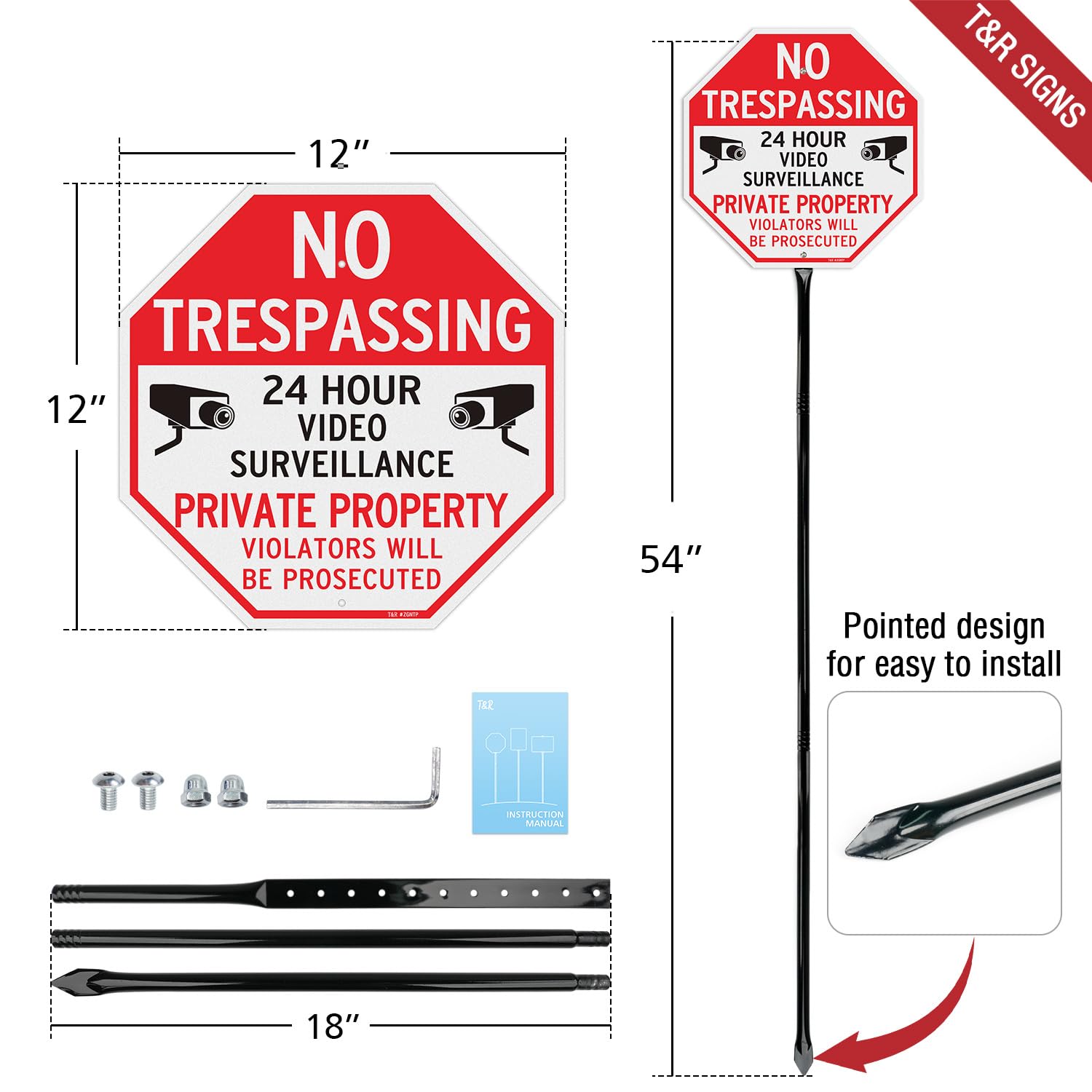 T&R Letrero grande de vigilancia de propiedad privada con estaca de 54 pulgadas, paquete de 2, 12 x 12 pulgadas, aluminio libre de óxido, reflectante, impermeable y resistente a la decoloración, 2