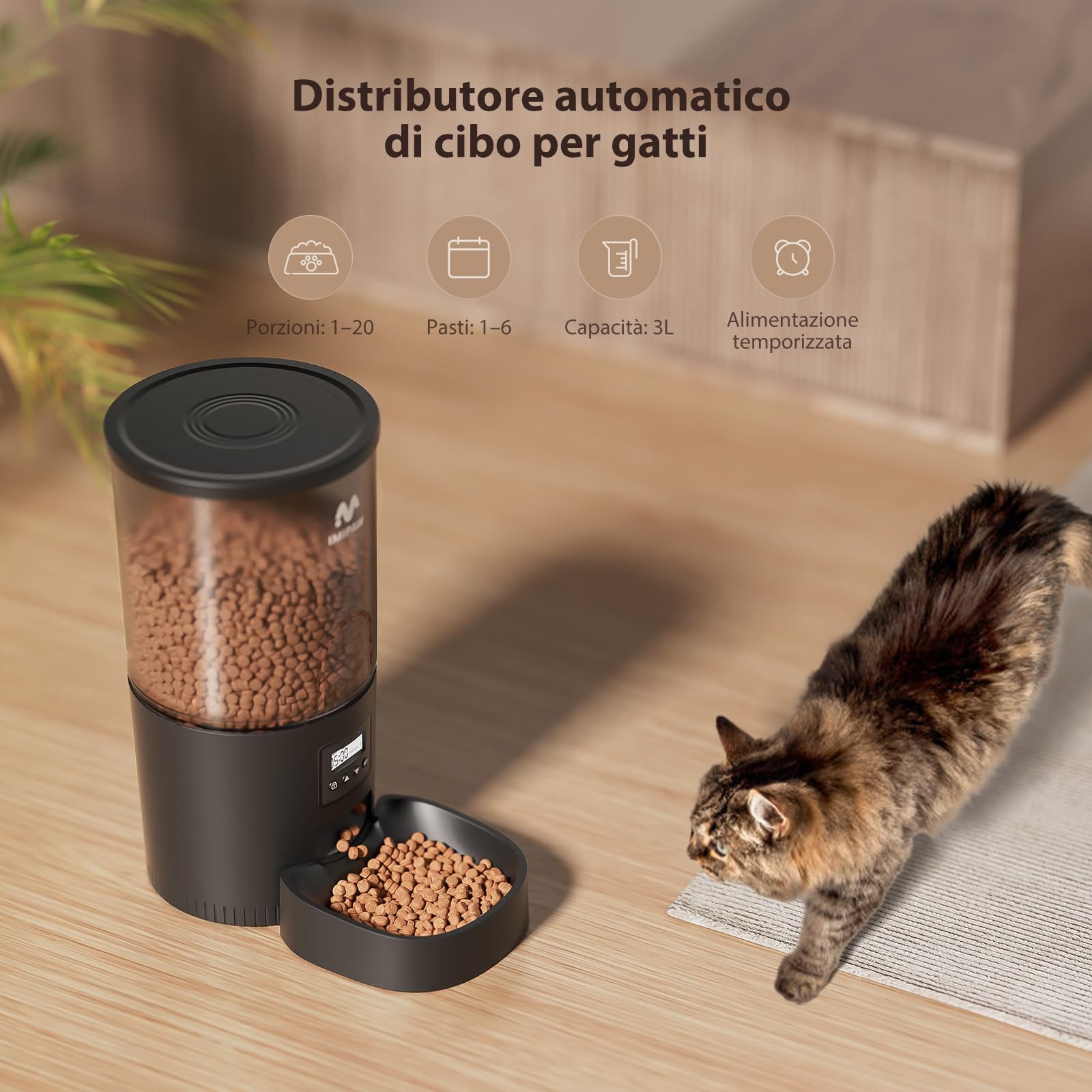 IMIPAW Distributore Automatico Cibo Gatti - 5L Dispenser Cibo Gatti con Timer Programmabile, 1-6 Pasti al Giorno, per Animali Di Piccola e Media Taglia (Nero, 5L)