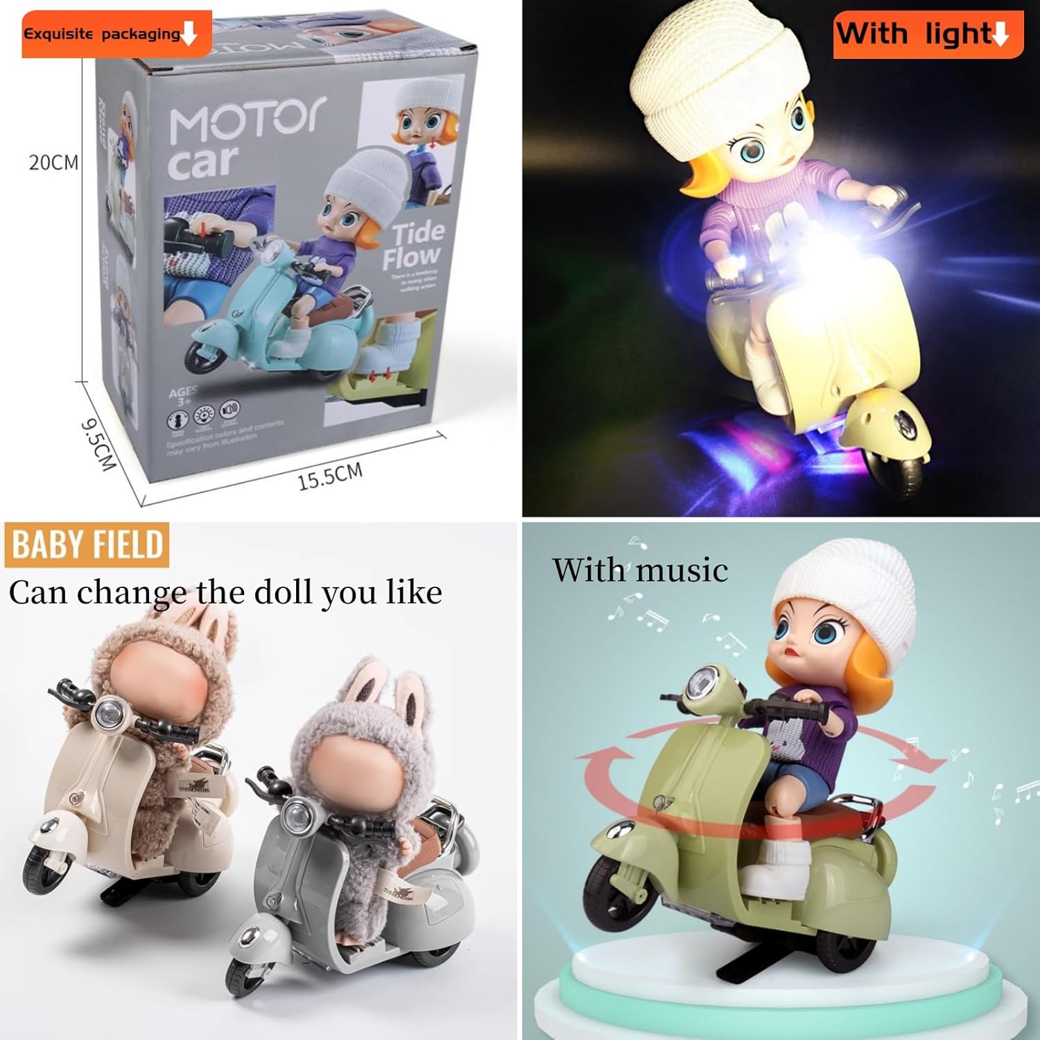 Scooter Toy for Labubu - with Light and Music, Big Into Energy Cute Have a Seat Motorcycles, Interactive Rotating Decor Desktop Ornaments Accessories Collectors (Off-White)