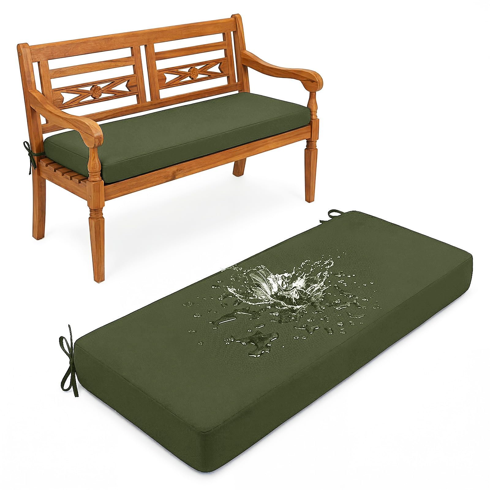 Outdoor Bench Cushion - 120cm/150cm/100cm/90cm x 35cm/30cm, Non-Slip Washable Cover, Zippered Removable, High-Resilience Foam,for Garden Benches, Bay Windows, Long Chairs,Military Green,95x35cm — image 1