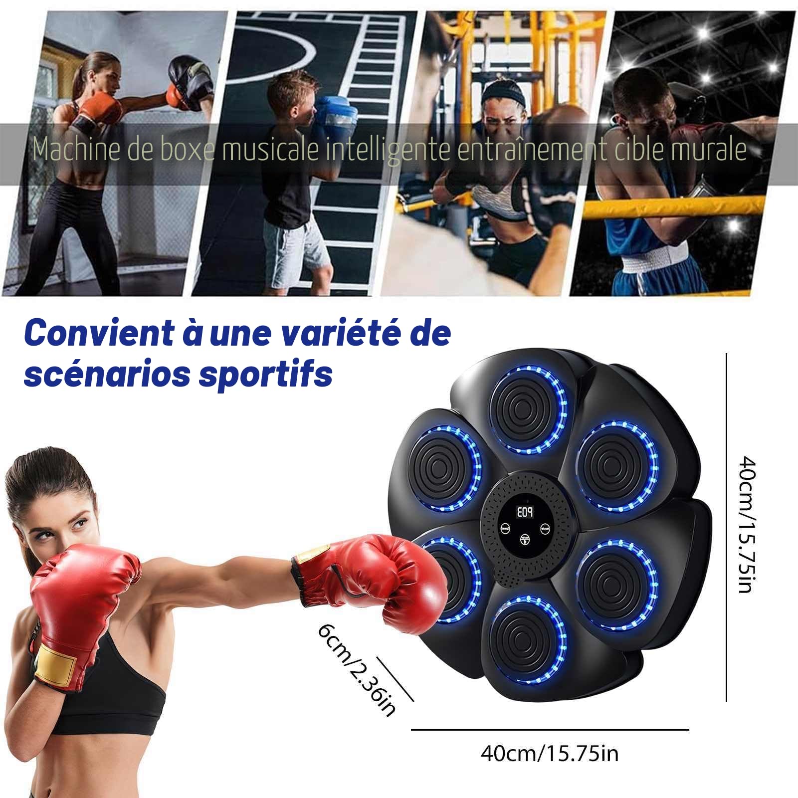 JOPWUE Machine de boxe intelligente à fixation murale avec gants de boxe, 9 modes de vitesse et mode de comptage, machine de boxe musicale pour adultes et enfants, exercice à domicile, bureau