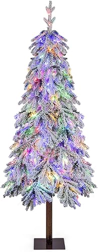 GOFLAME Árbol de Navidad preiluminado de 6 pies, árbol de Navidad artificial con 458 puntas de rama, 220 luces LED blancas cálidas y multicolor, 11