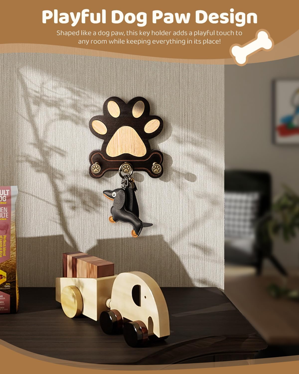MTERSN Pine Wood Dog Leash Holder for Wall – Adorable Dog Leash Hanger, Key Holder, Coat Rack, and Sunglass Organizer – Rustic Farmhouse Wall Decor for Entryway, Bedroom, or Living Room (Dark Brown)